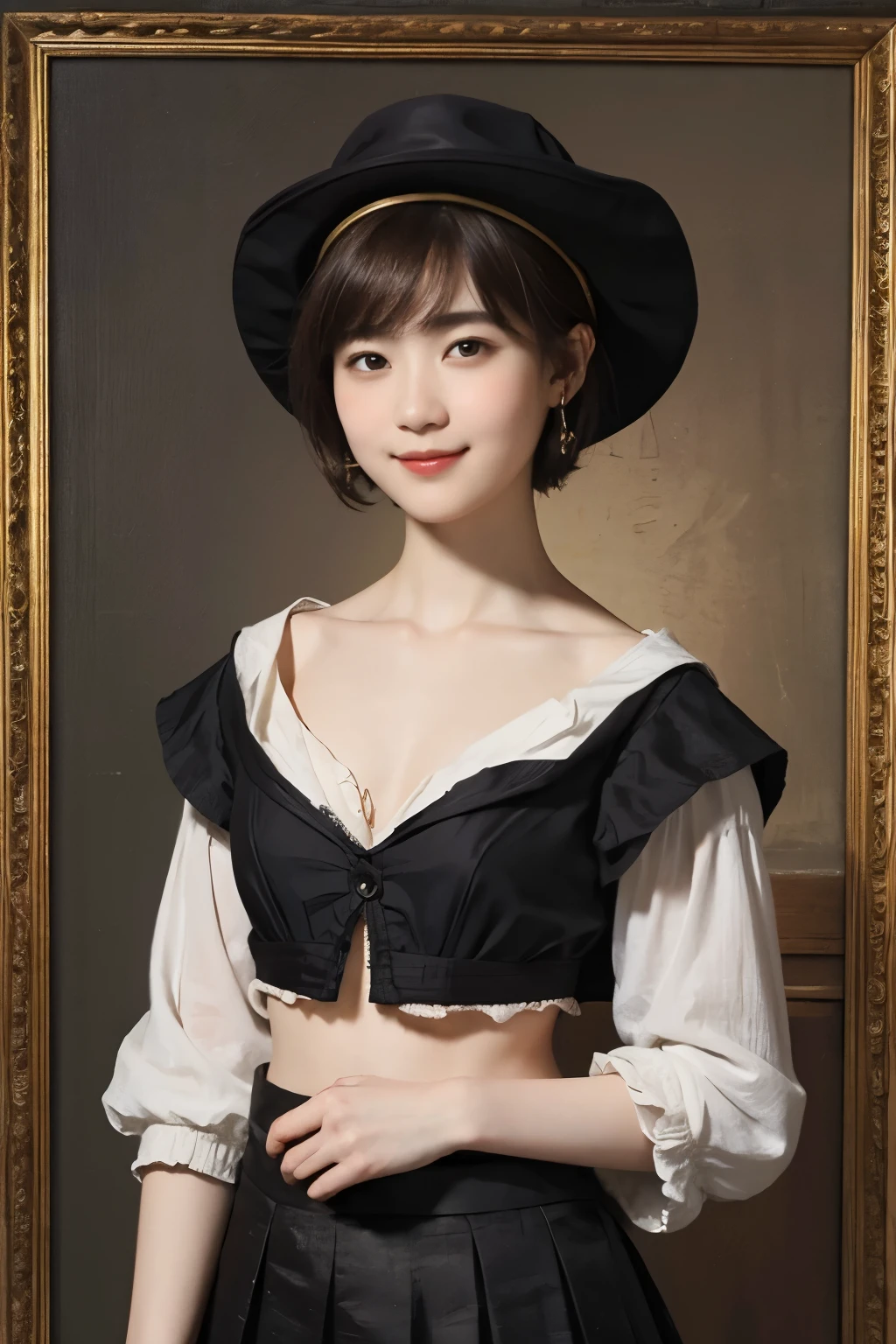 186 Short hair, 20 year old female, gentle smile, (rembrandt style painting), (chest:1.46), (wearing a skirt)