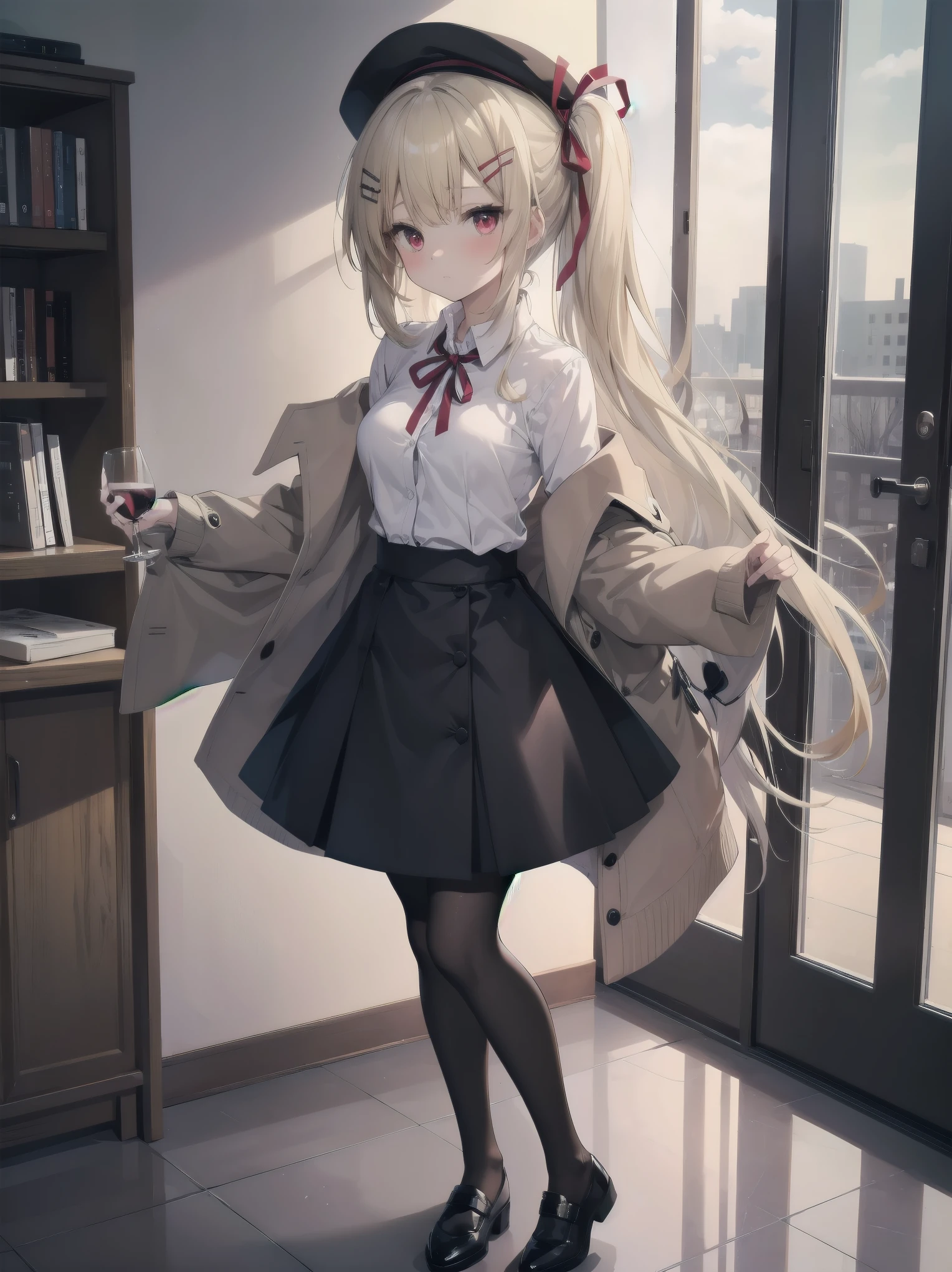 (Masterpiece: 1. 2), (Top quality: 1. 2), Anime girl, One, Blonde hair, Hair clip on right side of forelock, Black cap, Wine red eyes, White female shirt, Brand grey blazer, Small red ribbon across chest, Office clothes, One size larger shirt, Checked priss skirt, Black tights, tights with fine detail, full body, large breasts, front view, alone, bruised and super cute