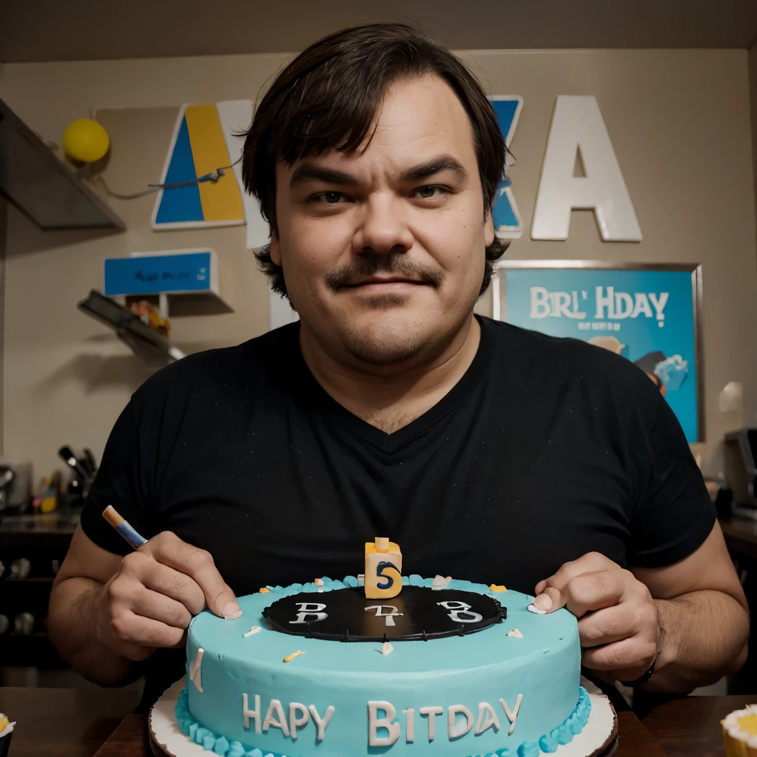Jack Black Con un pastel que dice "Happy Birthday Gary"