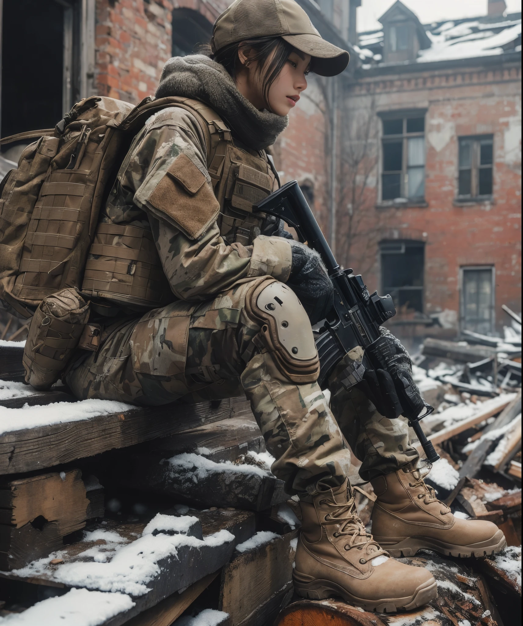 8K,realistic photo、realistic skin texture、A beautiful Japanese woman belonging to the US military is in a snowy city area.、sitting、tired、There are scars on the face、Winter Gear、broken and collapsed building、outdoor、Scattered brick and concrete pieces、bulletproof vest、Holding an automatic rifle、with caution、Backpack、wearing a baseball cap、It is dirty、moving action pose、muscle、Dramatic and bold composition、Burn waste wood to keep warm、bootilitary vehicle、Zoom out