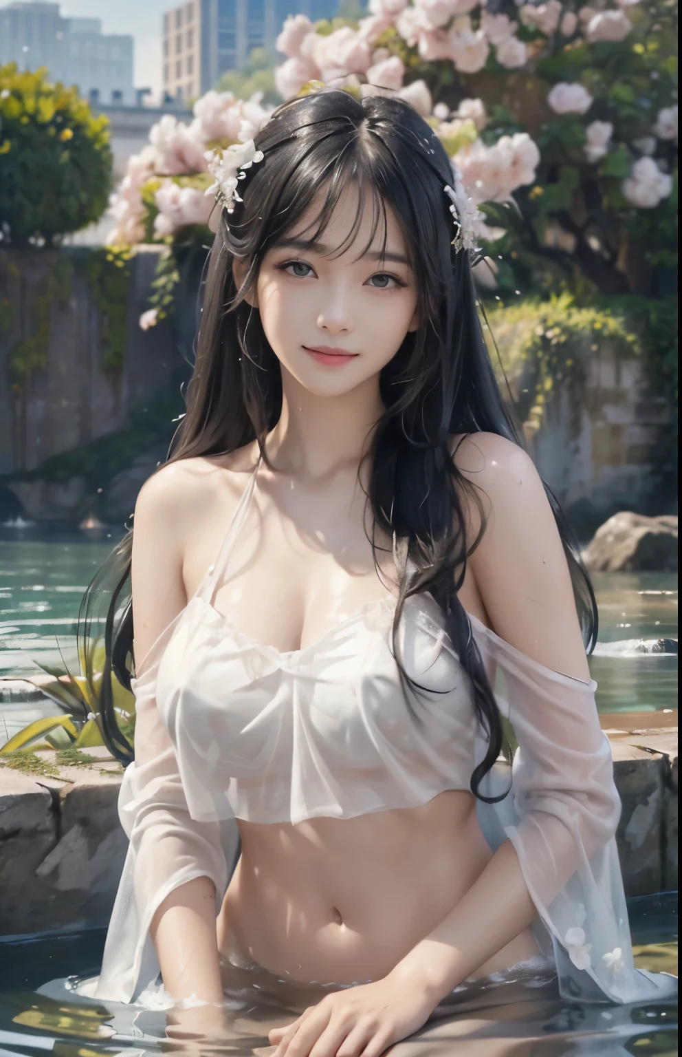 (A hyper-realistic)、(illustration)、(hight resolution)、(8K)、(highly detailed)、(Best Illustration)、(beautifully detailed eyes)、(top-quality)、(ultra-detailed)、(masterpiece)、(wall-paper)、(A detailed face)、solo、1 girl、looking at viewert、fine detailed、A detailed face、highkey、pureerosfaceace_v1、A smile、Black straight hair、46-point diagonal bangs、Wet hair、Wet skin、Navel Ejection、Hair spreads、See-through stole on shoulder、Dynamic Posing、Lots of flowers in the background、Big hair ornament、