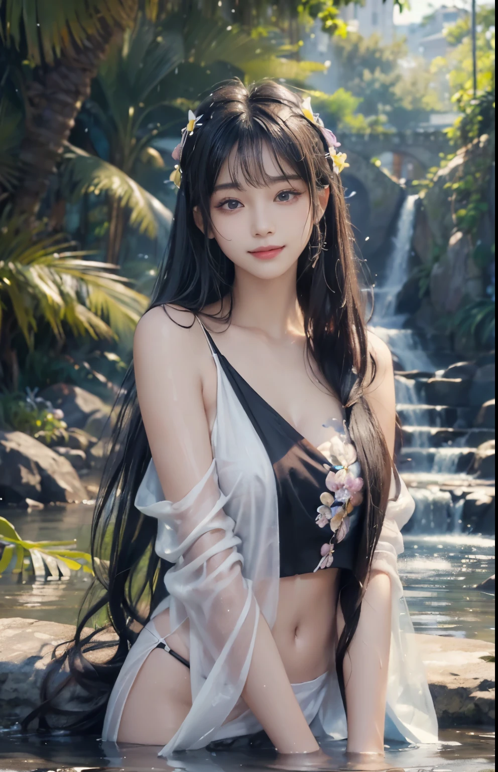 32K, ultra hd, masterpiece, 1 girl, perfect face, very long curly hair, detailed eyes, simple clothing, gradient blue clothing, bare waist, jwellery, waterside, Realistic scenery, epic scenery, sun rising, evening, clouds, Butterfly, cherry blossom, blowing wind,Are thin,The whole body is slim,Small breasts,Small breasts,Small waist,Thin legs,Thin thighs,Beautiful nipples,High-class prostitute,full nude,all nude,Beautiful nipples,Beautiful appearance,Her presence is beauty itself,