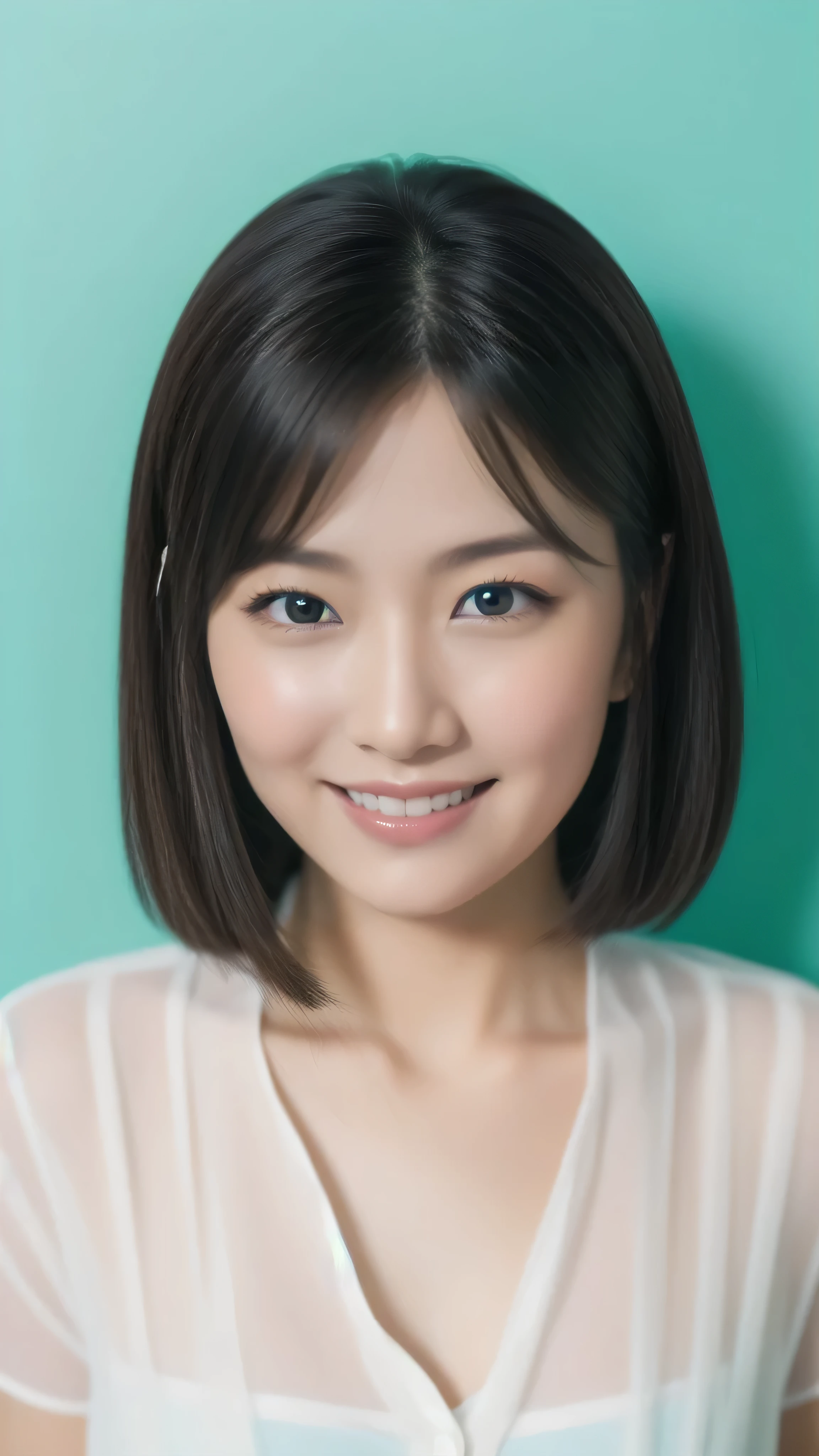 ((1 person)),hostess face、smile、30 years old、black hair、straight hair、white shirt、married woman,high quality、Super realistic、日本人のmarried woman、 perfect eyes、Shining beautiful skin、pastel blue wall,just the face、on the neck