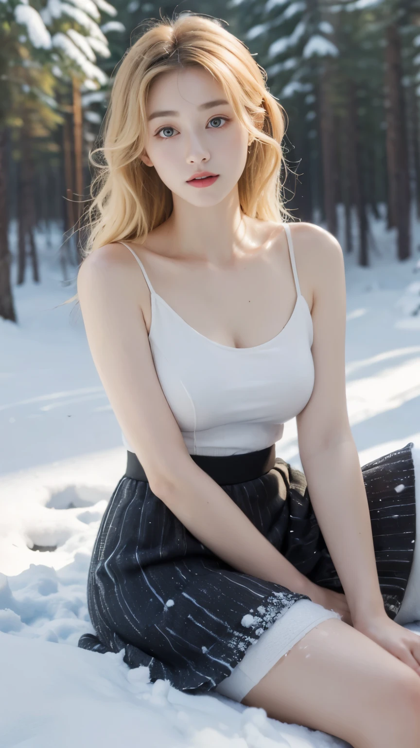 (((best quality, 8 thousand, masterpiece:1.4)), (20 year old woman), masterpiece, distinct, highres, high_quality, wide_shot, small_face, absurdly_short_hair, female, sagging_breasts, balancing, stretching, gentle_face, bare_shoulders, center_opening, downblouse, (blonde wavy very long hair), (Sitting alone in the deep snowy forest), (C-com saggy breasts), winter forest, winter:1.3, big eyes:1.3, 