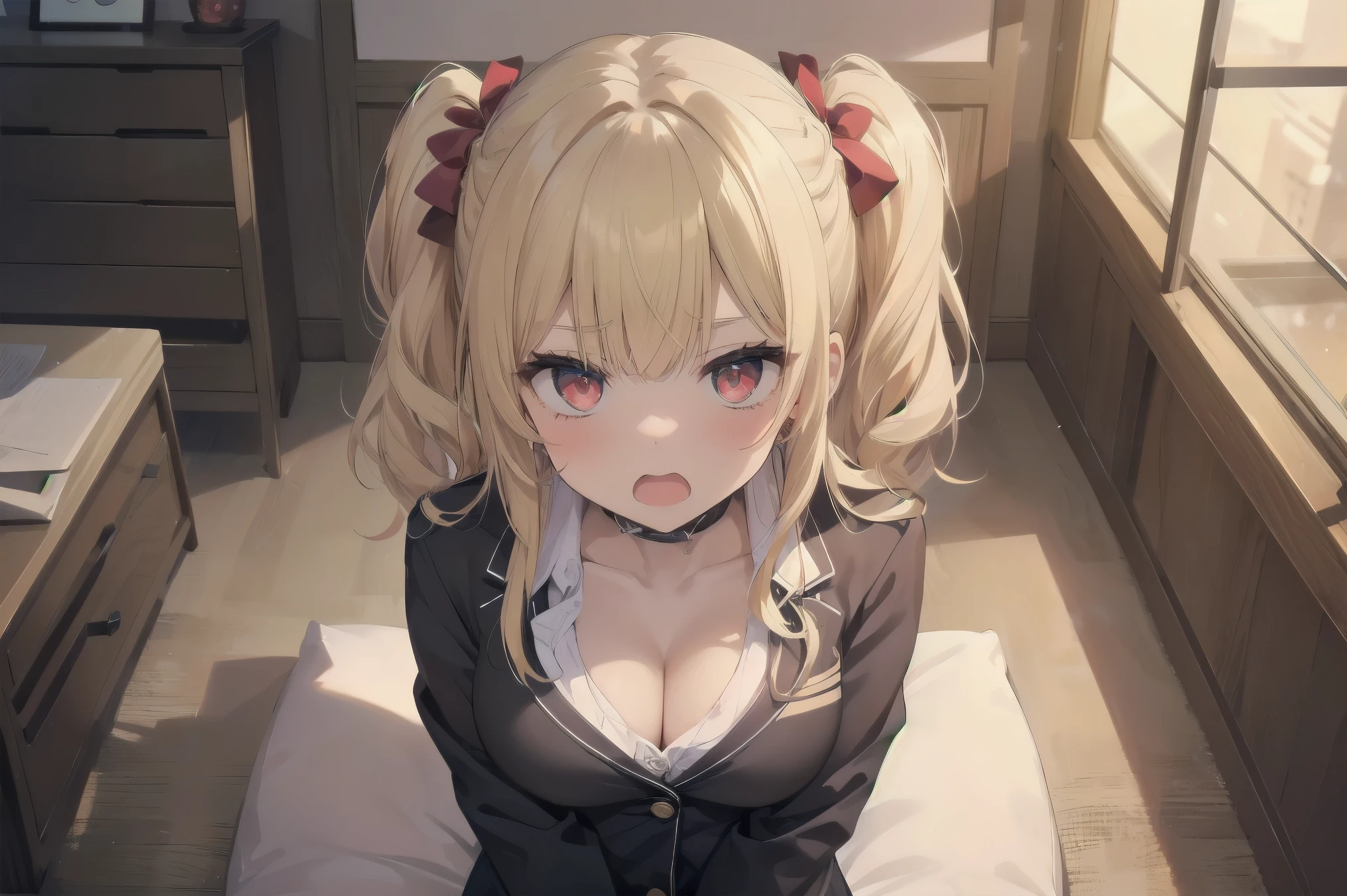 (Masterpiece: 1. 2), (Top quality: 1. 2), Perfect eyes, Perfect face, Perfect lighting, Mountainous horizon, Superb girl like beauty, Blonde hair, Top half, Cleavage, Red eyes, Braids, Side ponytail, Bangs, Bobbed hair, Poofy hair, Cute eyes, Great bust, (From bottom), Raw description, Orgasm, Despair and Fear, Erotic Bitch Virgin, Raped, Angry, Sideways, Bewitching, Cute design branded blazer uniform, Cute ornaments, Sitting, Arms crossed, (from above: 1.2)