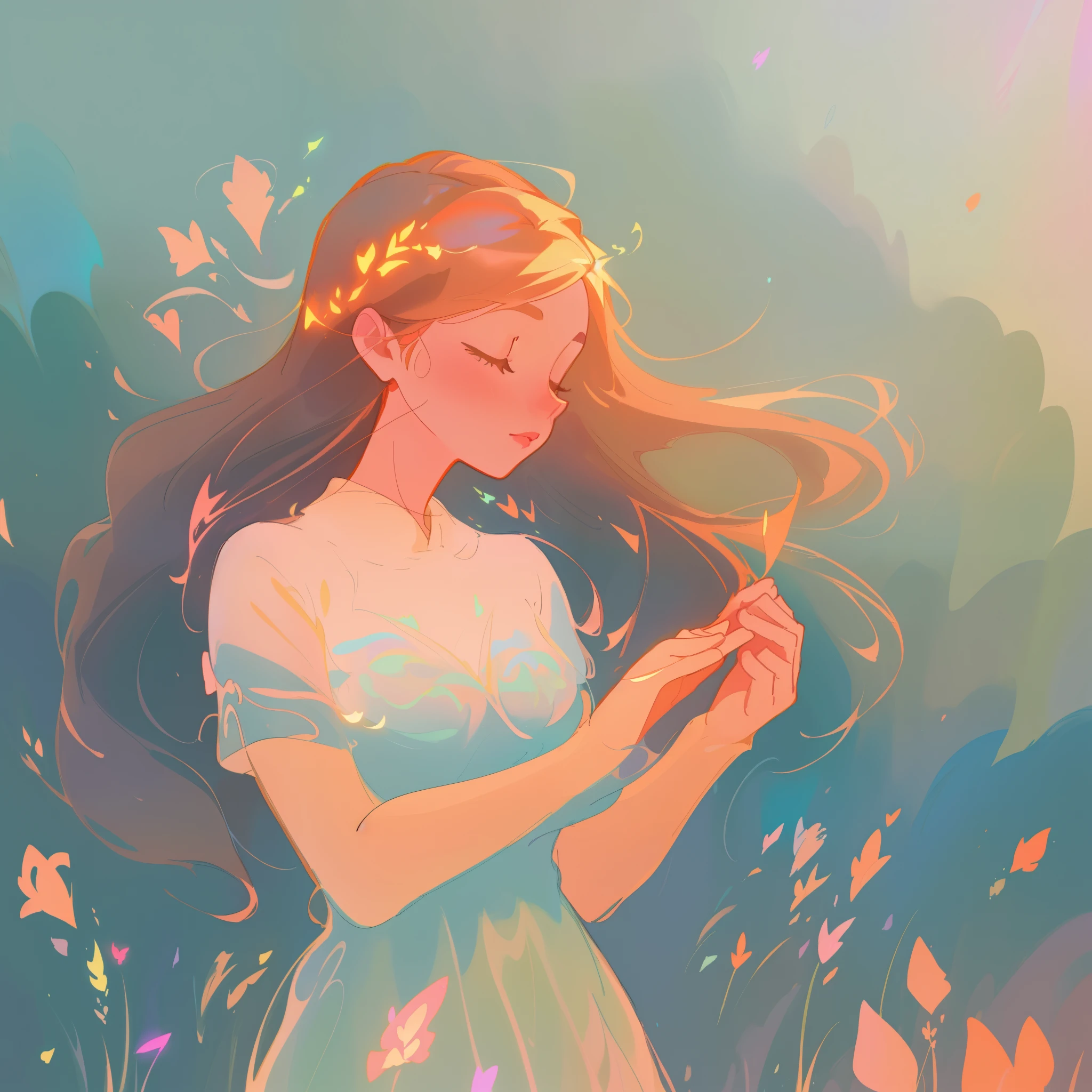 beautiful girl, muted pastel colors, long flowing gradient brown hair, meadow background, inspired by Glen Keane, inspired by Lois van Baarle, disney art style, by Lois van Baarle, glowing aura around her, by Glen Keane, jen bartel, glowing lights! digital painting, flowing glowing hair, glowing flowing hair, beautiful digital illustration