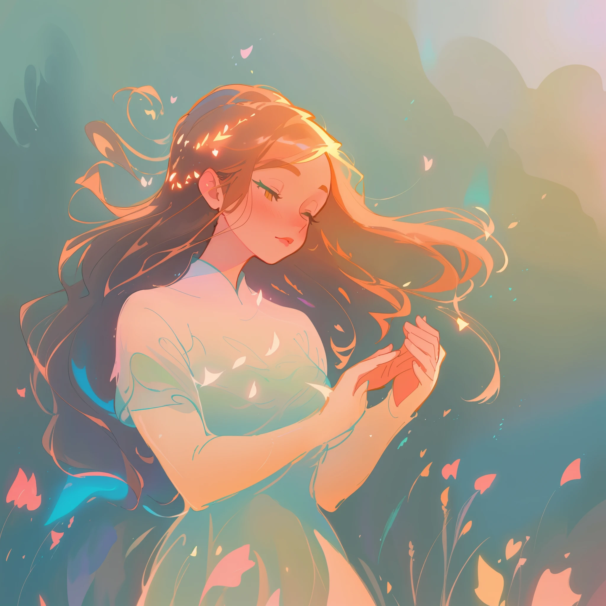 beautiful girl, muted pastel colors, long flowing gradient brown hair, meadow background, inspired by Glen Keane, inspired by Lois van Baarle, disney art style, by Lois van Baarle, glowing aura around her, by Glen Keane, jen bartel, glowing lights! digital painting, flowing glowing hair, glowing flowing hair, beautiful digital illustration