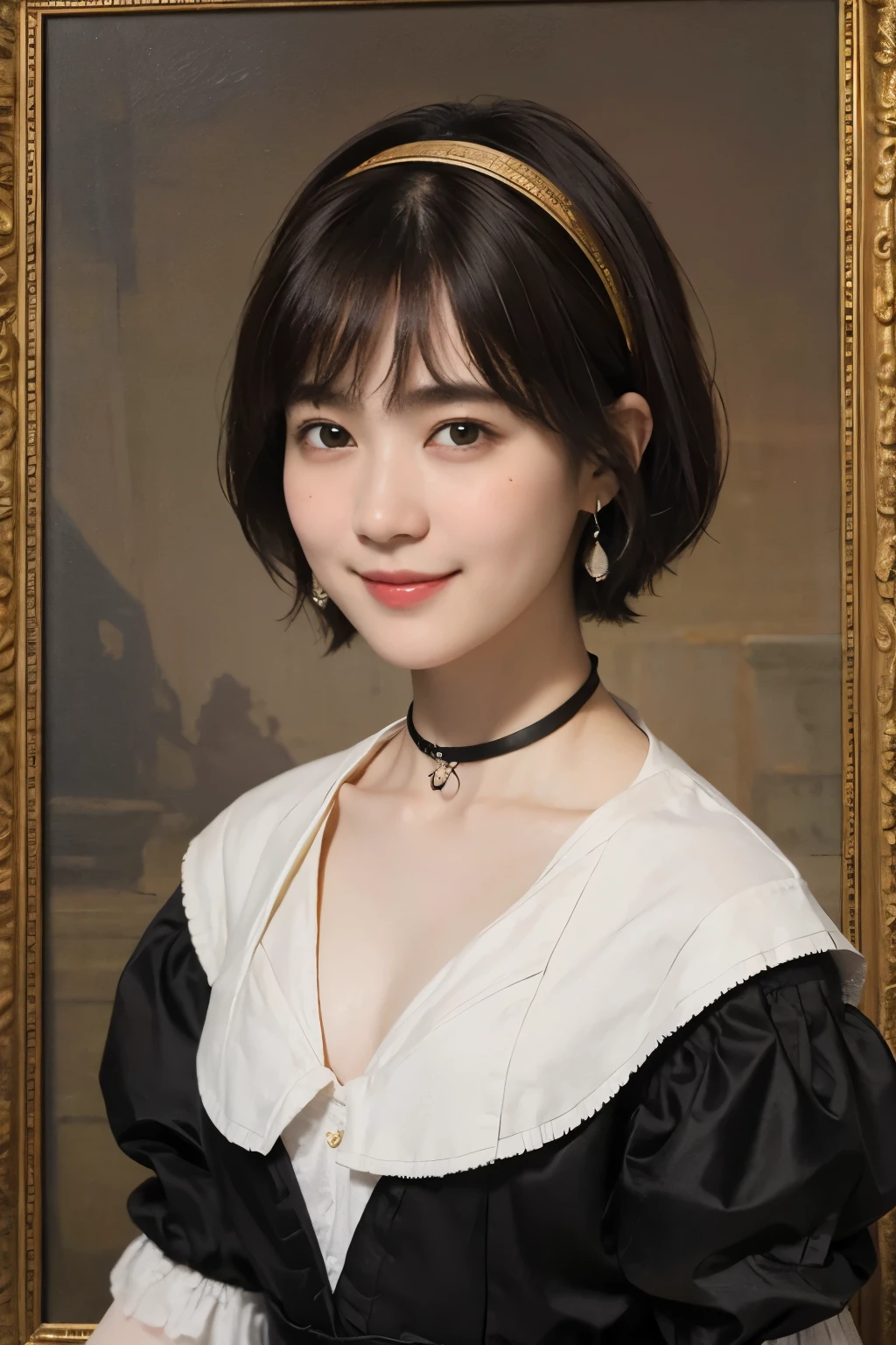 186 Short hair, 20 year old female, gentle smile, (rembrandt style painting), (chest:1.46), (wearing a skirt)