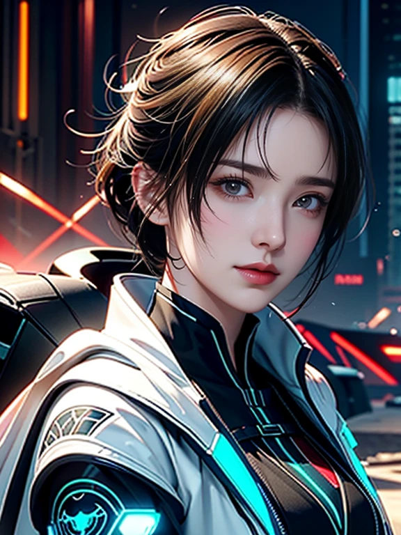 masterpiece，best quality，very high resolution，8K，((portrait))，((Head close-up))，original photo，real picture，digital photography， (Cyberpunk style future world woman)，(fighting girl)，22 year old girl，(short hair white hair)，Eyes with rich details，((tear nevus))，lip gloss，(Elegant and charming，Indifferent and noble)，(Fashionable clothing full of futuristic technology，Exquisite pattern，Sparkling jewelry and red)，cyberpunk characters，futuristic style， photo poses，night background，Cinema lights，Ray tracing，Game CG，((3D Unreal Engine))，oc render reflection texture