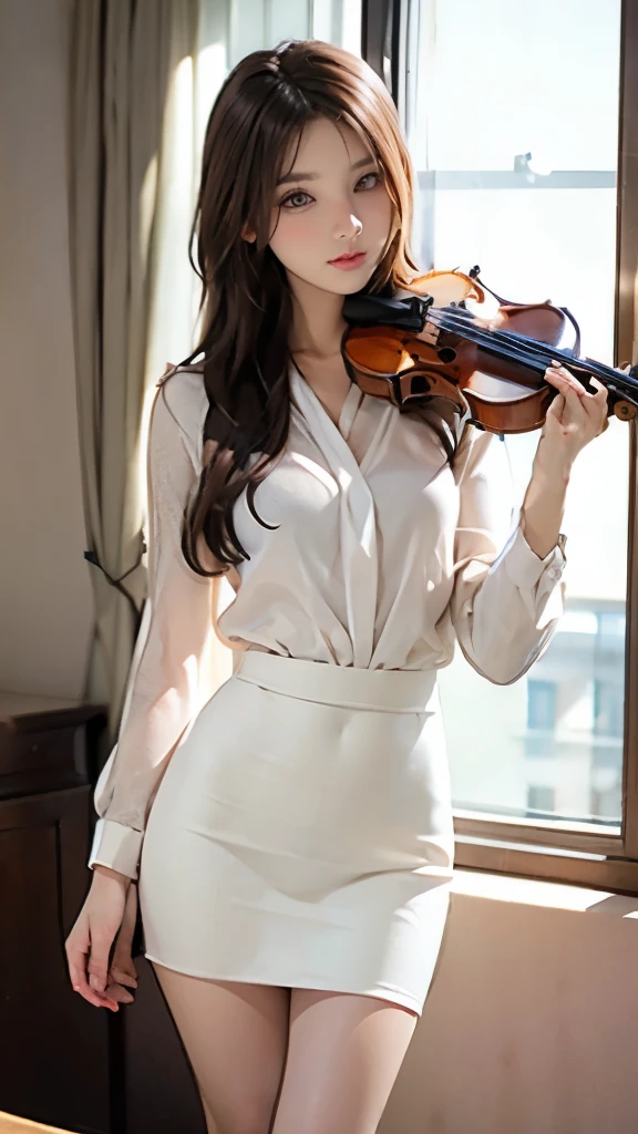 1 girl、A girl with a violin is looking at me、Straight long hair with black hair、Idol-class cuteness、slender、Small, well-shaped breasts、sheer white blouse、Slightly transparent、black high waisted miniskirt、western shot、anatomically correct、precise fingers、exact limbasterpiece、photo reality、