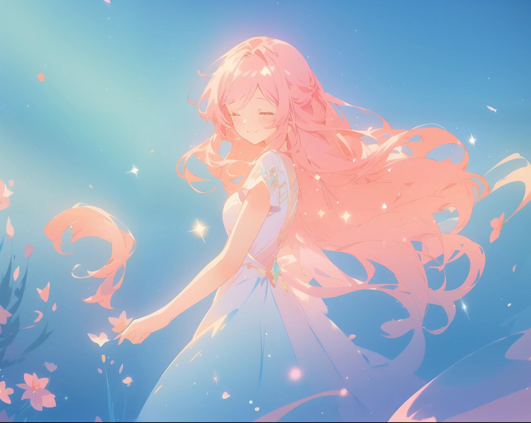 beautiful girl in sparkling flowing dress, long flowing pink hair, colorful fantasia background, watercolor illustration, disney art style, glowing aura around her, glowing lights, beautiful digital illustration, fantasia otherworldly landscape plants flowers, beautiful, masterpiece, best quality, anime disney style