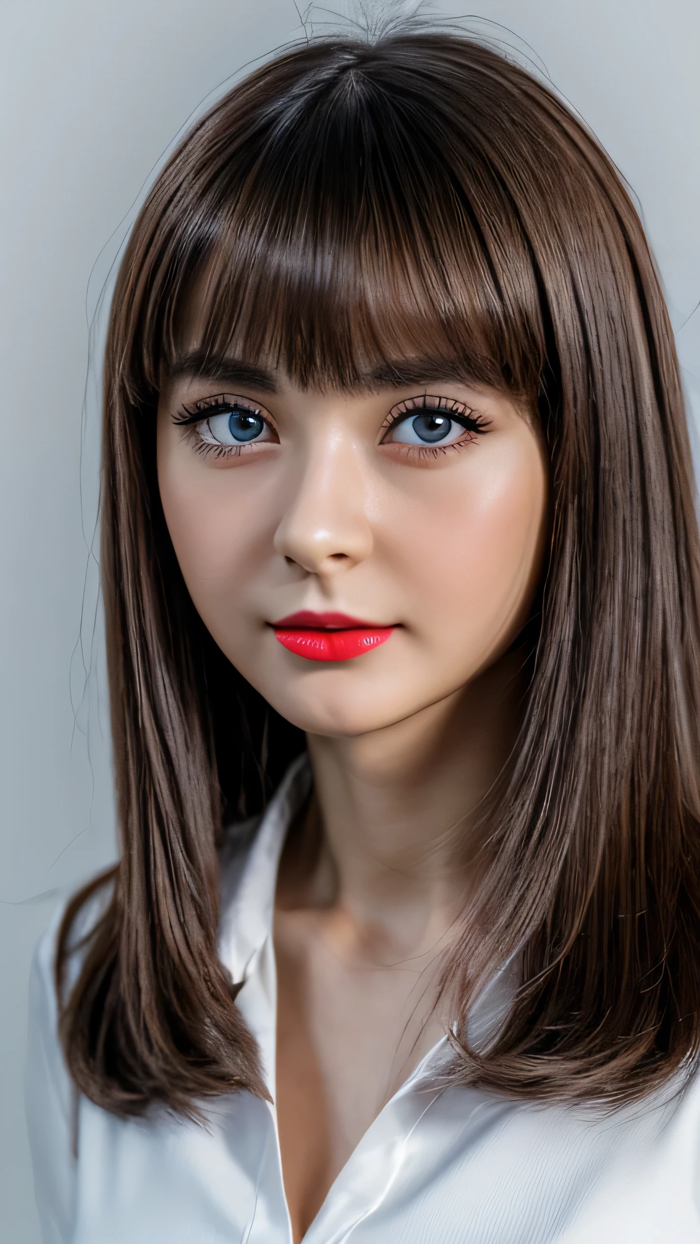 Ultra - High resolution, masterpiece, rough skin, very detailed, Photoreal, professional lighting, Depth of bounds written, sharp, gray background, (japanese mature, 22 years old), detailed and beautiful eyes, detailed double eyelids, (Big eyes:1.3),long eyelashes, See-through Bangortiful detailed face and eyes:1.4), small nose, small mouth,, women sexy, detailed face, beautiful eyes, bangs, good shape small breasts, light brown short straight hair, red lips, ((stand in front、look at the viewer, close your mouth)), pink color of buttoned shirt, white skirt, red belt, half body photo, yellow background, close your mouth, red lips, upper body, center at portrait