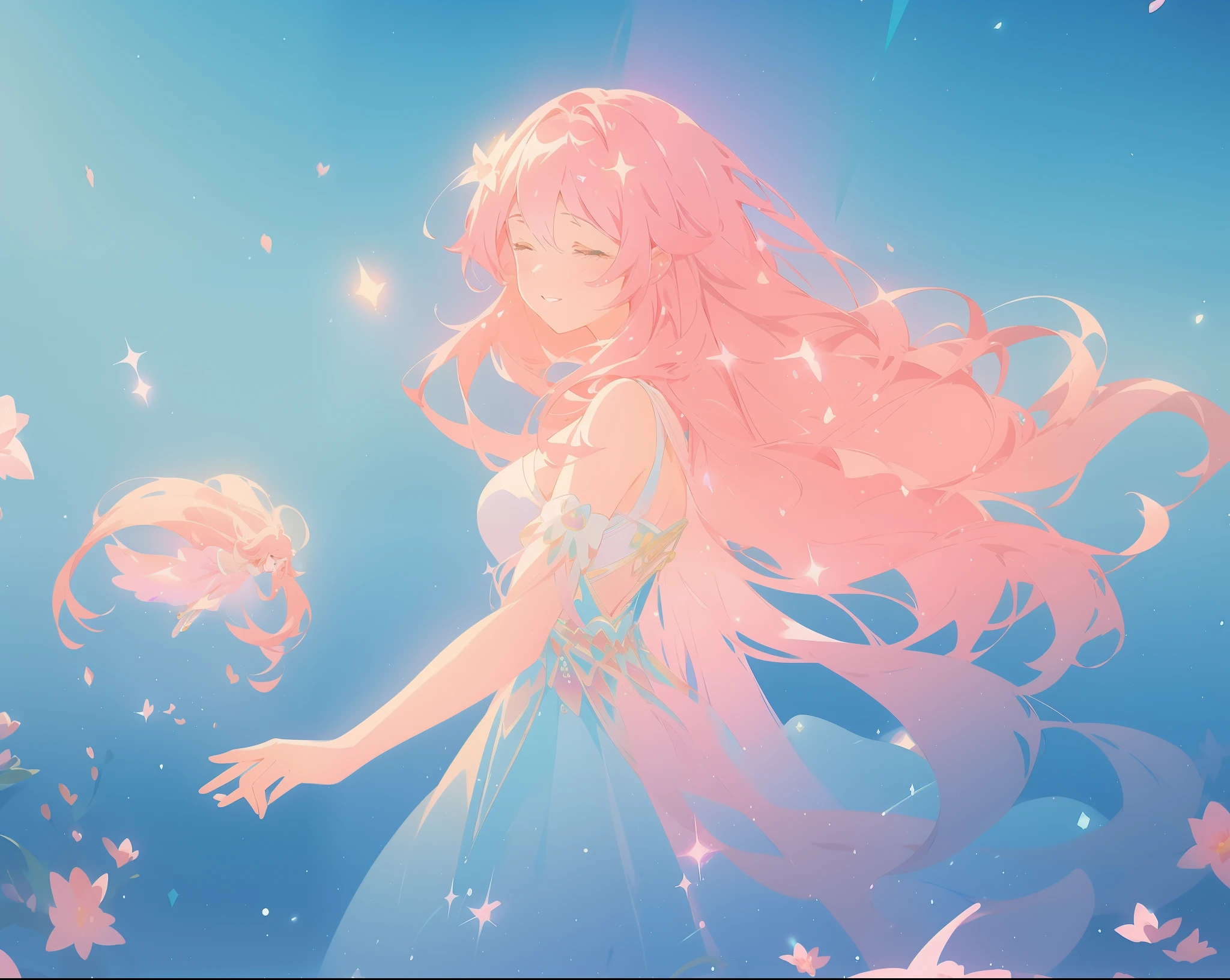 beautiful girl in sparkling flowing dress, long flowing pink hair, colorful fantasia background, watercolor illustration, disney art style, glowing aura around her, glowing lights, beautiful digital illustration, fantasia otherworldly landscape plants flowers, beautiful, masterpiece, best quality, anime disney style