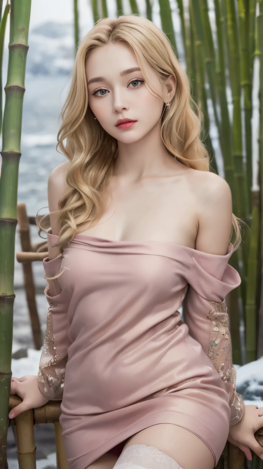 ((best quality, 8 thousand, masterpiece:1.4)), (20 year old woman), ((very small face:1.3)),  Highly detailed face and skin textures, detailed eyes, (Italian woman), (blonde wavy very long hair:1.3), (Open shoulder bare sleeve neck polar dress:1.4), Thin legs, glamorous body, bamboo panda background, thighs, Transparent stockings, very big breasts, 