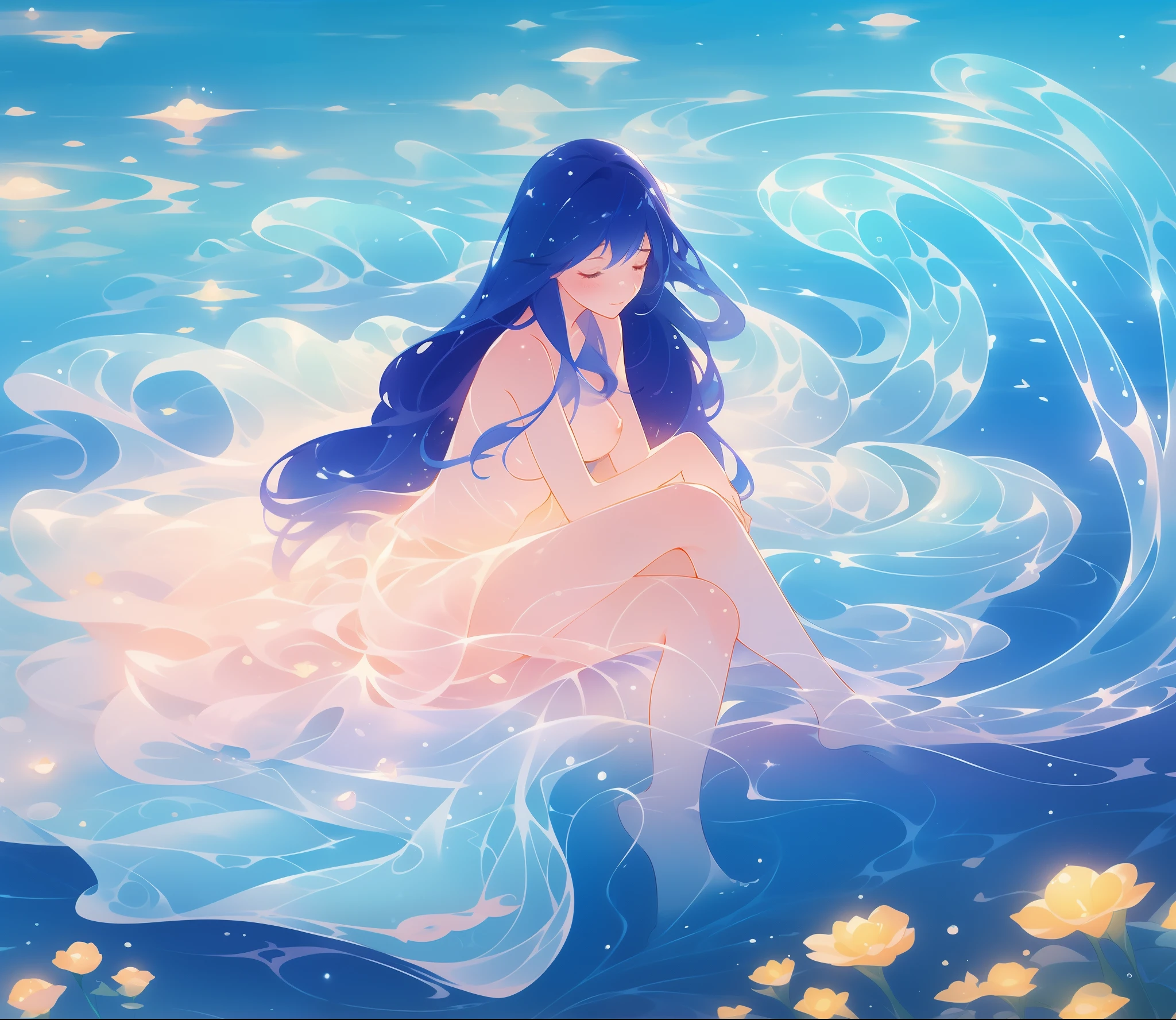 beautiful nude girl covered by seafoam, long dark hair, beautiful girl sitting in the water, private areas covered by seafoam, water nymph, water fairy, watercolor illustration, inspired by Glen Keane, inspired by Lois van Baarle, disney art style, by Lois van Baarle, by Glen Keane, jen bartel, beautiful digital illustration, fantasia otherworldly, beautiful, masterpiece, best quality, anime disney style