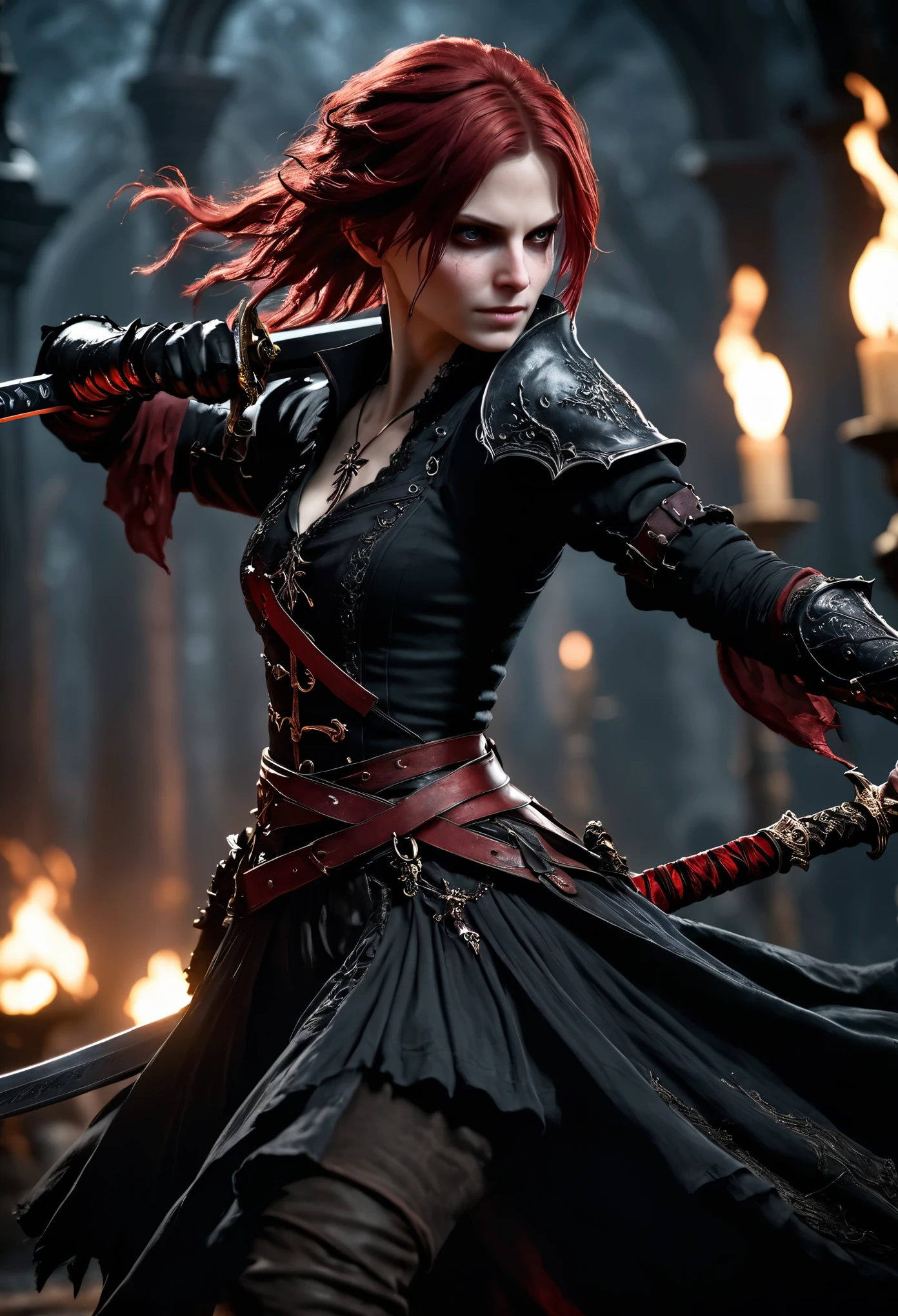photo shot on Nikon D850, Bloodborne ~ Dark Souls 3 ~ Elden Ring ~ ultra detailed gorgeouswoman with black-red colored hair, dancing with a sword, in a world of black and red, blushing, teasing, Alluring. highly stylized. depth of field, bokeh effect, backlit, stylish, elegant, breathtaking, visually rich, masterpiece, full body shot.