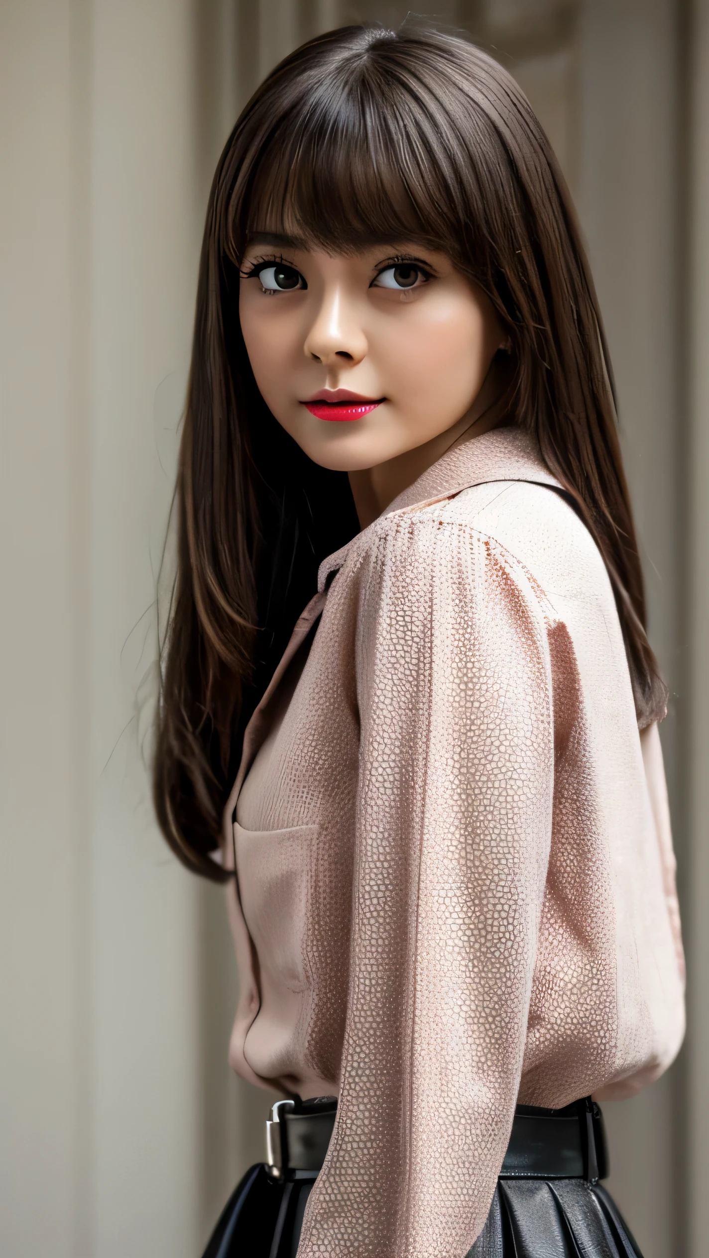 Ultra - High resolution, masterpiece, rough skin, very detailed, Photoreal, professional lighting, Depth of bounds written, sharp, gray background, (japanese mature, 22 years old), detailed and beautiful eyes, detailed double eyelids, (Big eyes:1.3),long eyelashes, See-through Bangortiful detailed face and eyes:1.4), small nose, small mouth,, women sexy, detailed face, beautiful eyes, bangs, good shape small breasts, light brown short straight hair, red lips, ((stand in front、look at the viewer, close your mouth)), pink color of buttoned shirt, white skirt, red belt, half body photo, yellow background, close your mouth, pink lips, upper body, center at portrait