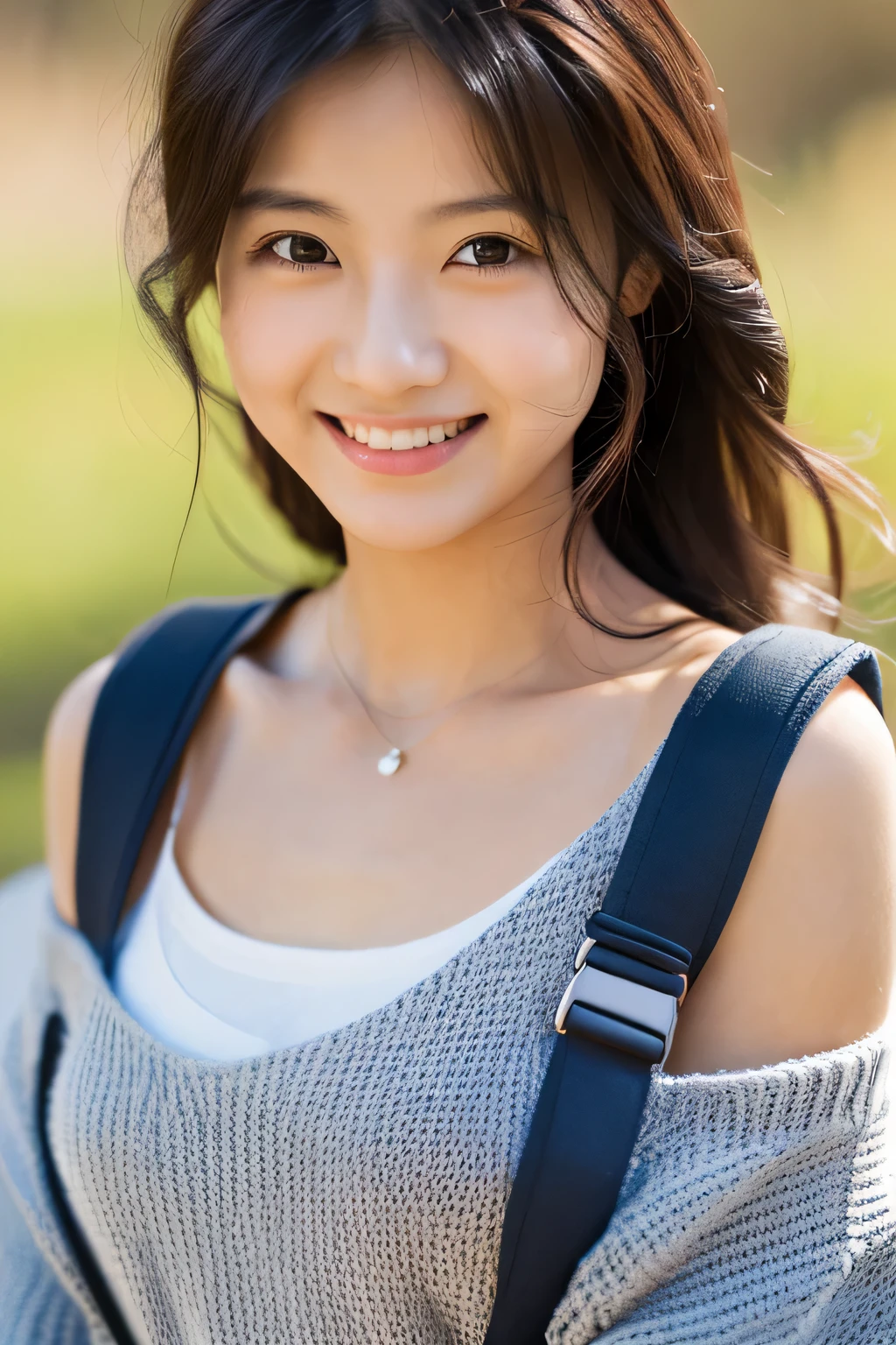 masterpiece, highest quality, Photoreal, Super detailed, finely, High resolution, 8k wallpaper, Professional, Advanced level of detail, Female college student enjoying hiking, slender Japanese woman, ((facing the front)), detailed clavicle, Medium chest、perfect face, medium long hair, off shoulder knit sweater、overalls、gentle smile