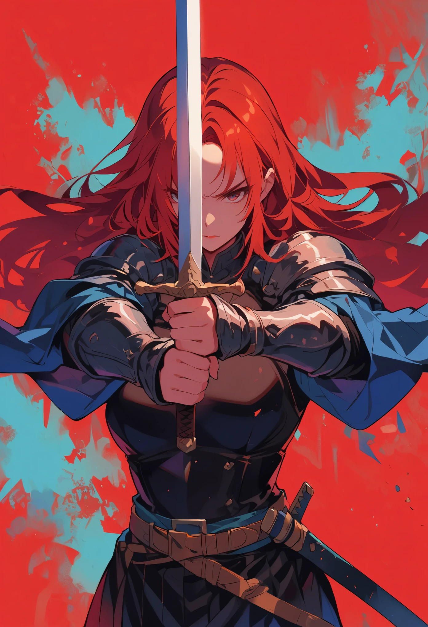 swordsman,1girl,holding,holding sword,holding weapon,long hair,red background,red hair,solo,sword,weapon,holding sword with both hands,sword focus