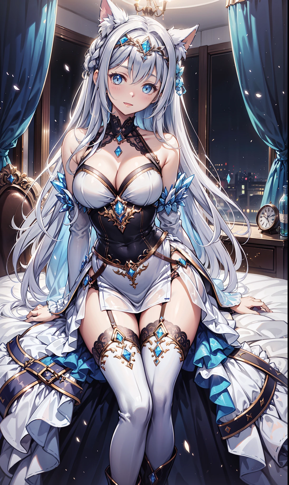 saints,Attractions,having fun,in love,(Western magic white dress),silver hair,blue eyes,see through transparent clothes,Exquisite hair accessories,Transparent lace,Sky blue pattern,night,dress nicely,bedroom,the only person,night,Carved suspender boots,milf