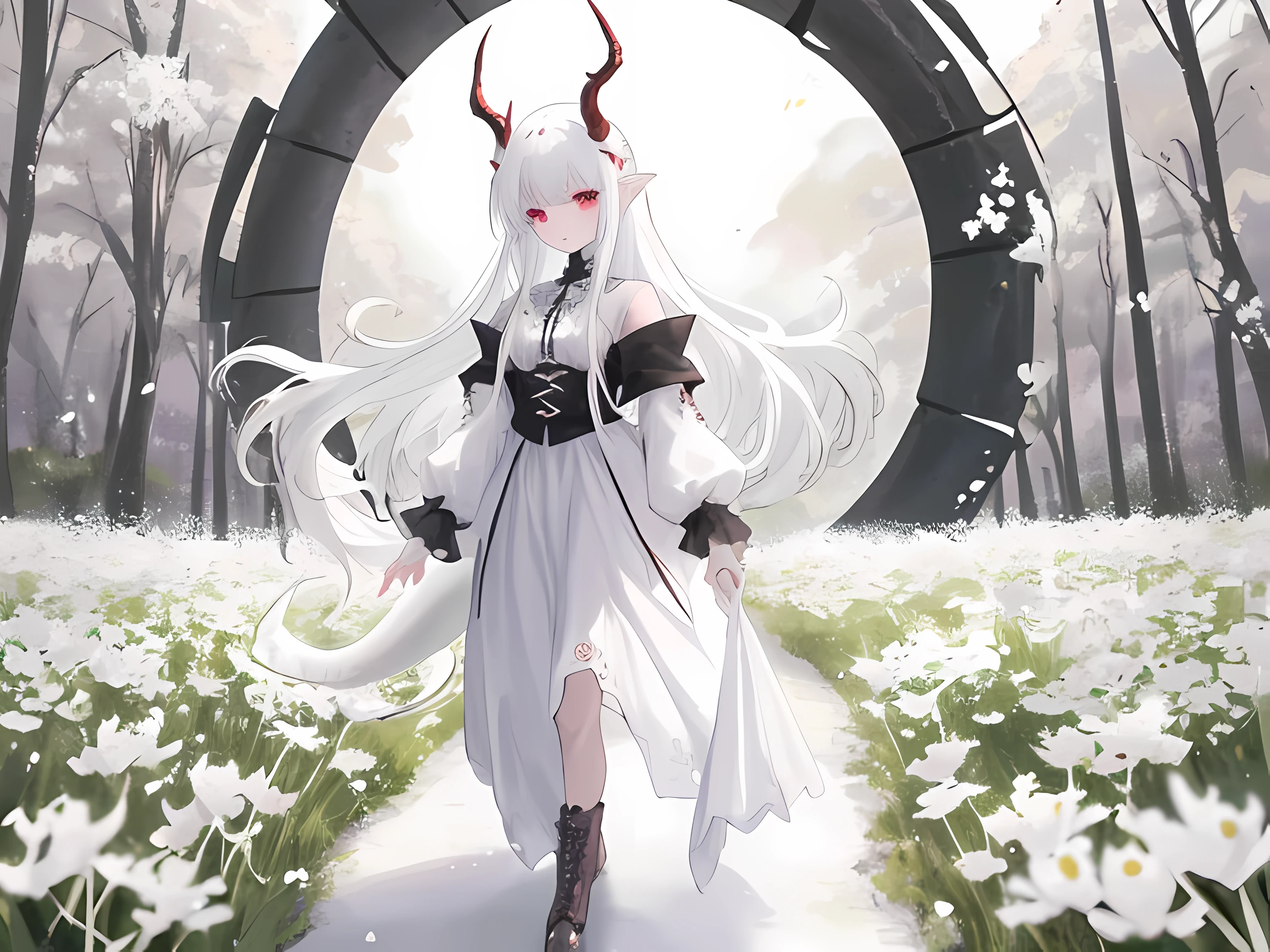 Caminando por un campo de flores blancas, una chica de cabello blanco y largo, con ojos rojos, dragon tail and horns