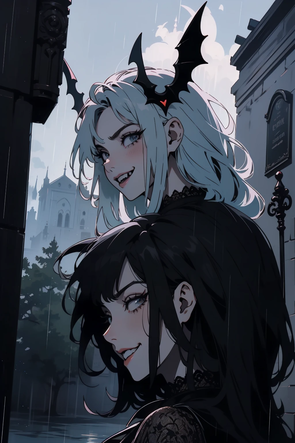 (outside, scary castle, raining, evening, soft light, dim lit, moody vibe, horror \(theme\), ), (insanely detailed, beautiful detailed face, masterpiece, best quality), 1girl, succubus, demon girl, mature female, black hair, pink eyes, grin, smirk, demon horns, black tail, black demon wings, whole body, walking on the ground, backwards, looking back