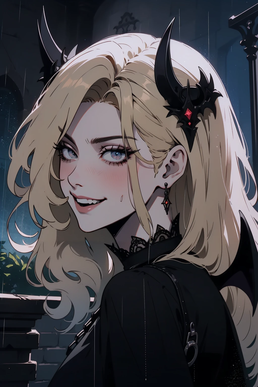 (outside, scary castle, raining, evening, soft light, dim lit, moody vibe, horror \(theme\), ), (insanely detailed, beautiful detailed face, masterpiece, best quality), 1girl, succubus, demon girl, mature female, black hair, pink eyes, grin, smirk, demon horns, black tail, black demon wings, whole body, walking on the ground, backwards, looking back