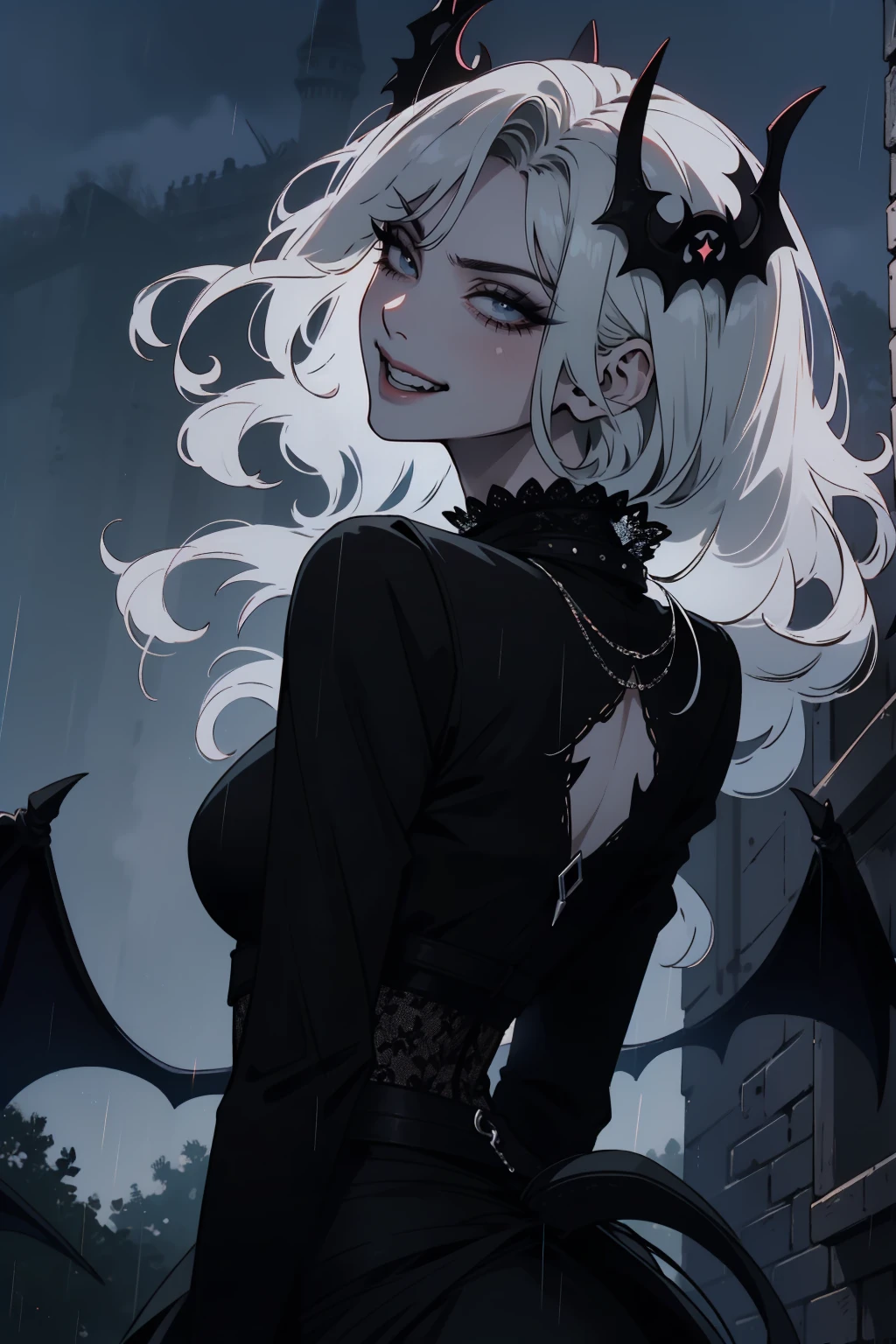 (outside, scary castle, raining, evening, soft light, dim lit, moody vibe, horror \(theme\), ), (insanely detailed, beautiful detailed face, masterpiece, best quality), 1girl, succubus, demon girl, mature female, black hair, pink eyes, grin, smirk, demon horns, black tail, black demon wings, whole body, walking on the ground, backwards, looking back