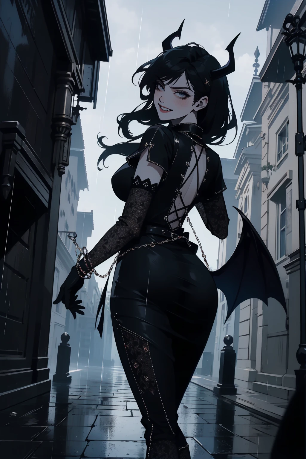 (outside, scary castle, raining, evening, soft light, dim lit, moody vibe, horror \(theme\), ), (insanely detailed, beautiful detailed face, masterpiece, best quality), 1girl, succubus, demon girl, mature female, black hair, pink eyes, grin, smirk, demon horns, black tail, black demon wings, whole body, walking on the ground, backwards, looking back