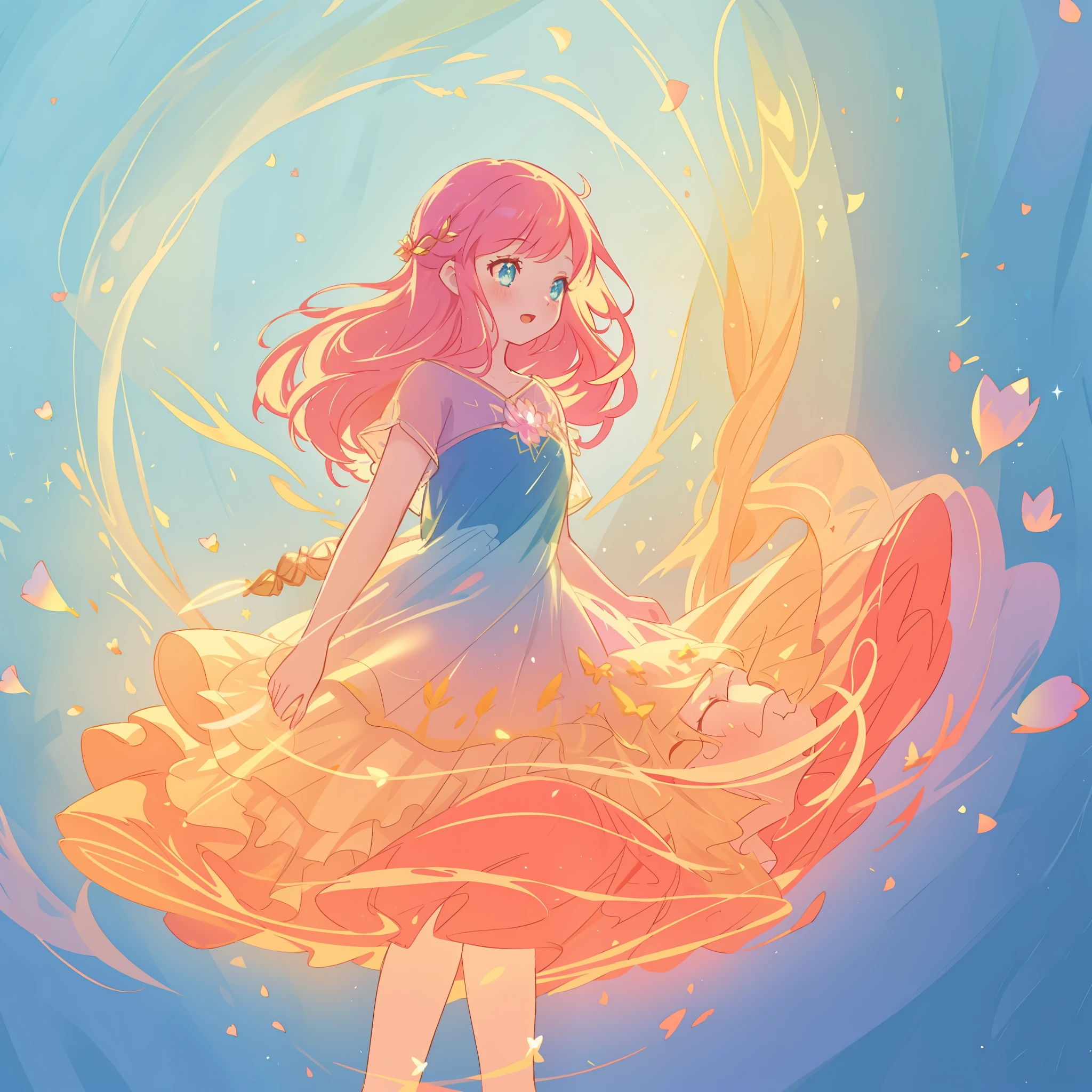 beautiful girl, tiered layered flower petal dress, fairy queen, fairy wings, fairy gown, vibrant pastel colors, (colorful), glowing golden long hair, magical lights, sparkling magical liquid, inspired by Glen Keane, inspired by Lois van Baarle, disney art style, by Lois van Baarle, glowing aura around her, by Glen Keane, jen bartel, glowing lights! digital painting, flowing glowing hair, glowing flowing hair, beautiful digital illustration, fantasia background, whimsical, magical, fantasy, ((beautiful face)), ((masterpiece, best quality)), intricate details, highly detailed, sharp focus, 8k resolution, sparkling detailed eyes, liquid watercolor