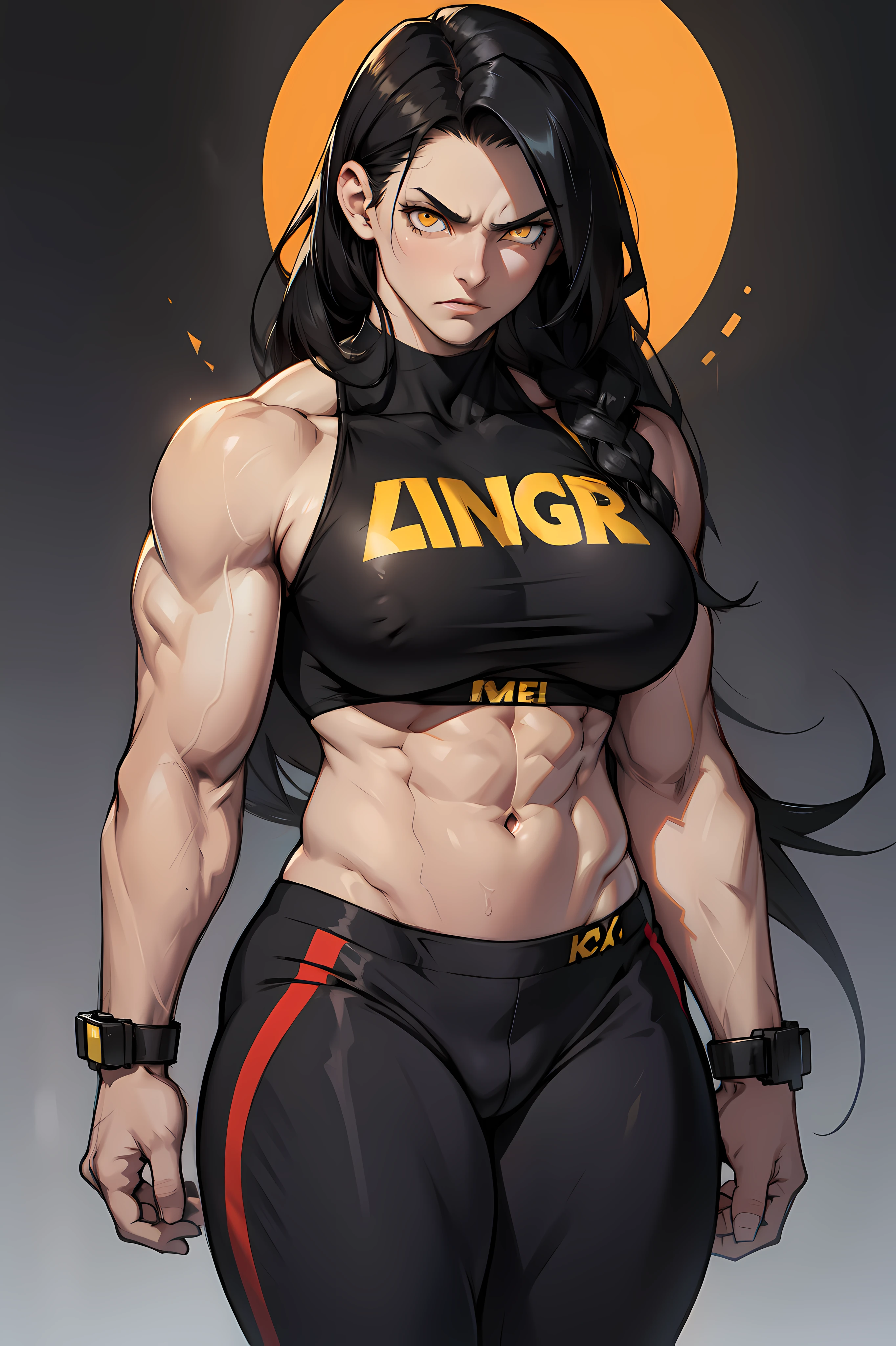 1girl black hair yellow eyes very long hair pale skin angry bodybuilder huge breasts muscular toned body long abs