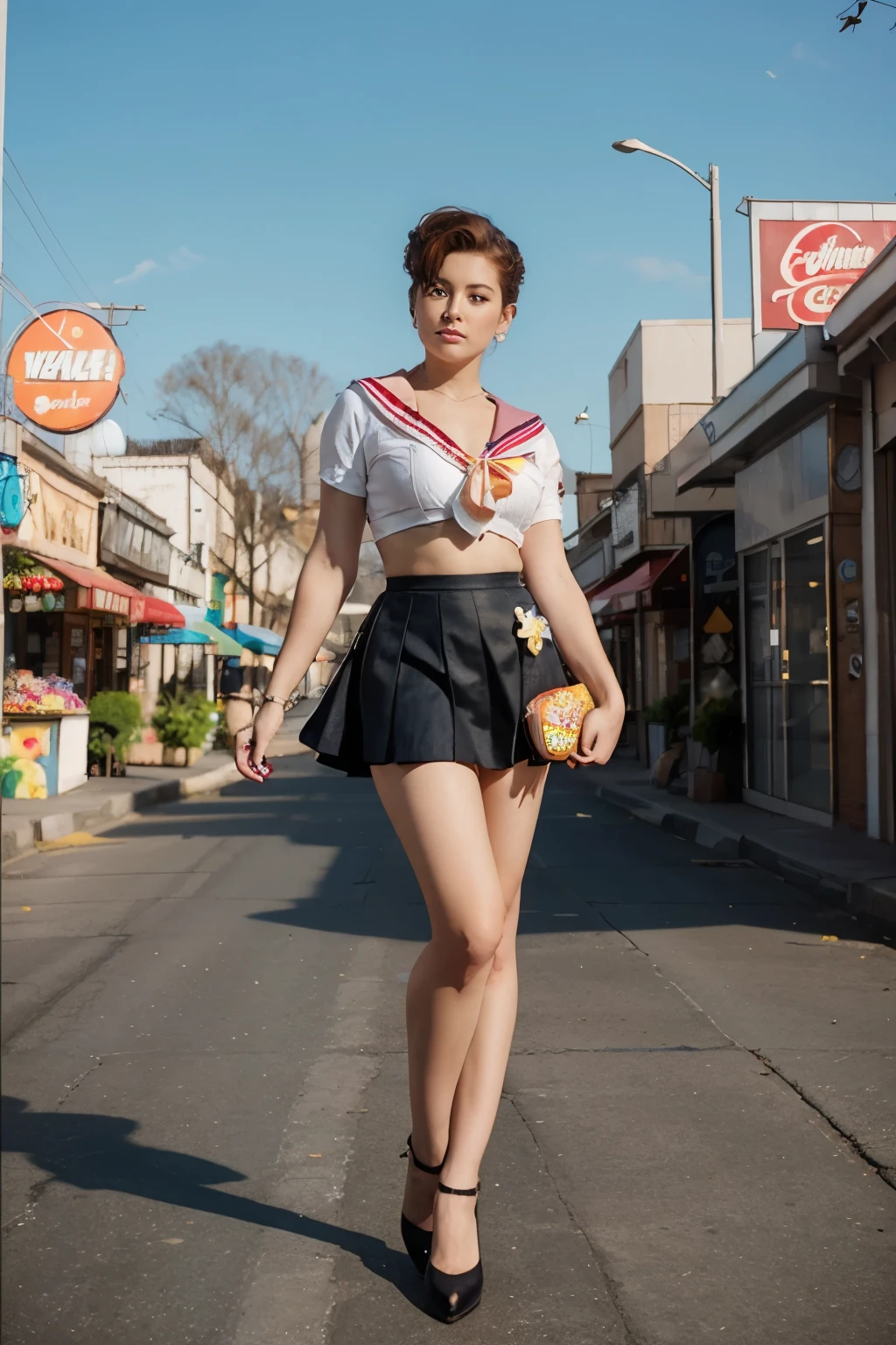 sailor uranus bombshell pin-up wearing her 80's shorter micro skirt flowing buying a chocolate egg all full body