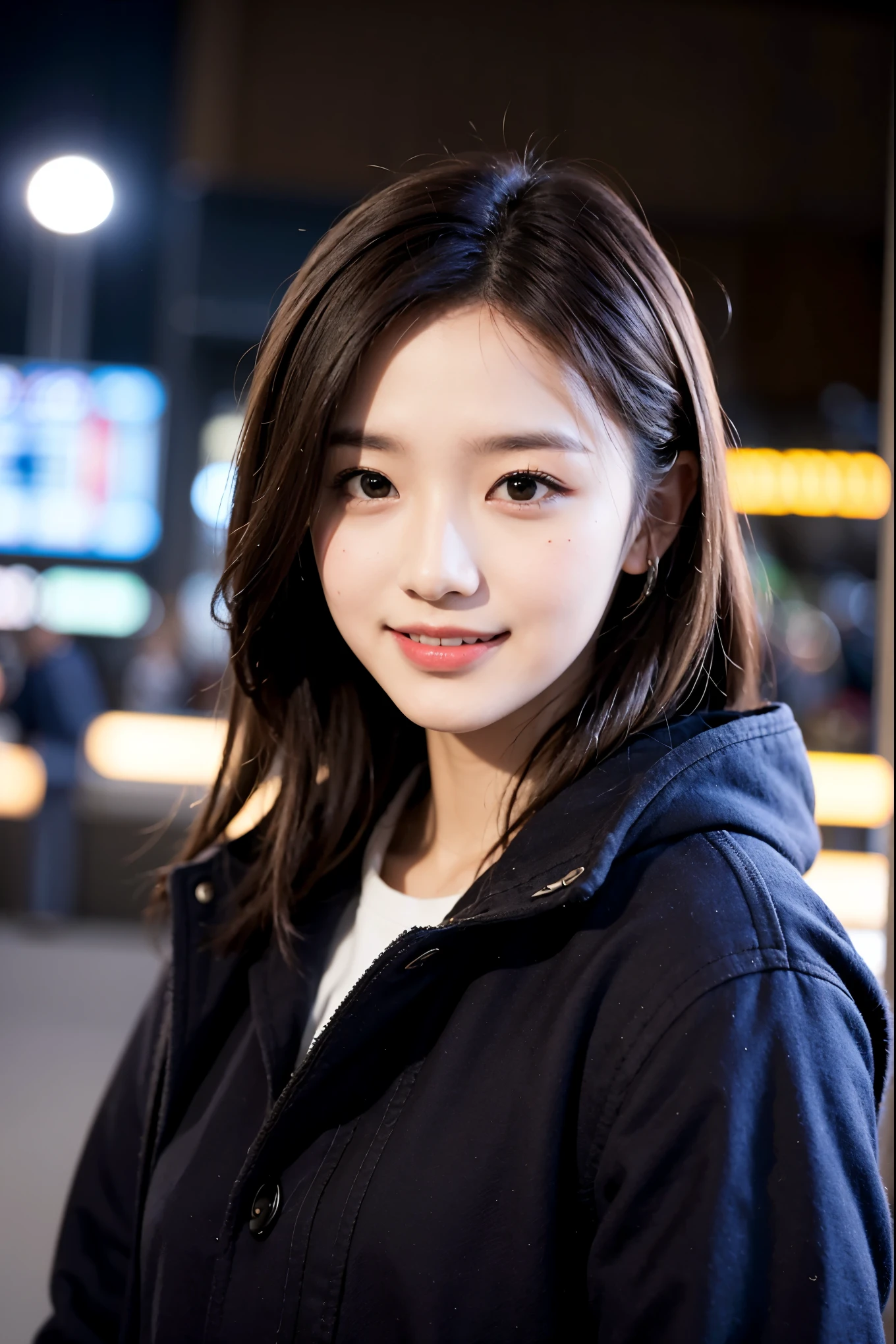 (masterpiece, highest quality, beautiful girl, cute face:1.2), (Eyebrows and smiles when you are in trouble, upward glance:1.2), 8K, official art, Raw photo, disorganized, Wear warm clothes to go out on the town in the cold season, view audience, thin, teen, face light, film grain, chromatic aberration, sharp focus, dynamic lighting, cinematic lighting, dark blue duffel coat, background is blurry, upper body photo