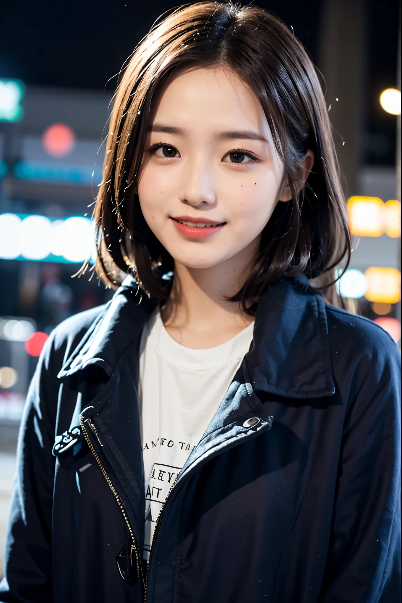 (masterpiece, highest quality, beautiful girl, cute face:1.2), (Eyebrows and smiles when you are in trouble, upward glance:1.2), 8K, official art, Raw photo, disorganized, Wear warm clothes to go out on the town in the cold season, view audience, thin, , face light, film grain, chromatic aberration, sharp focus, dynamic lighting, cinematic lighting, dark blue duffel coat, background is blurry, upper body photo