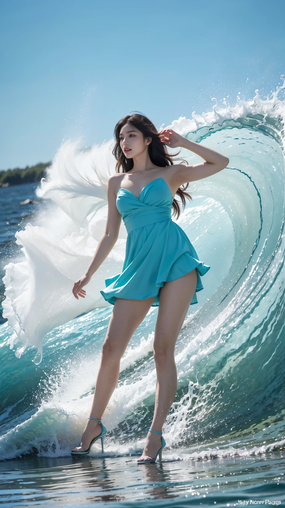 highest quality,masterpiece,ultra high resolution,(actual:1.4),original photo,ultra high resolution,8K,there is a woman,Fair skin,exquisite makeup,big waves,Turquoise dress,high heels,long legs,bright and beautiful,sexy random poses,Lively poses,