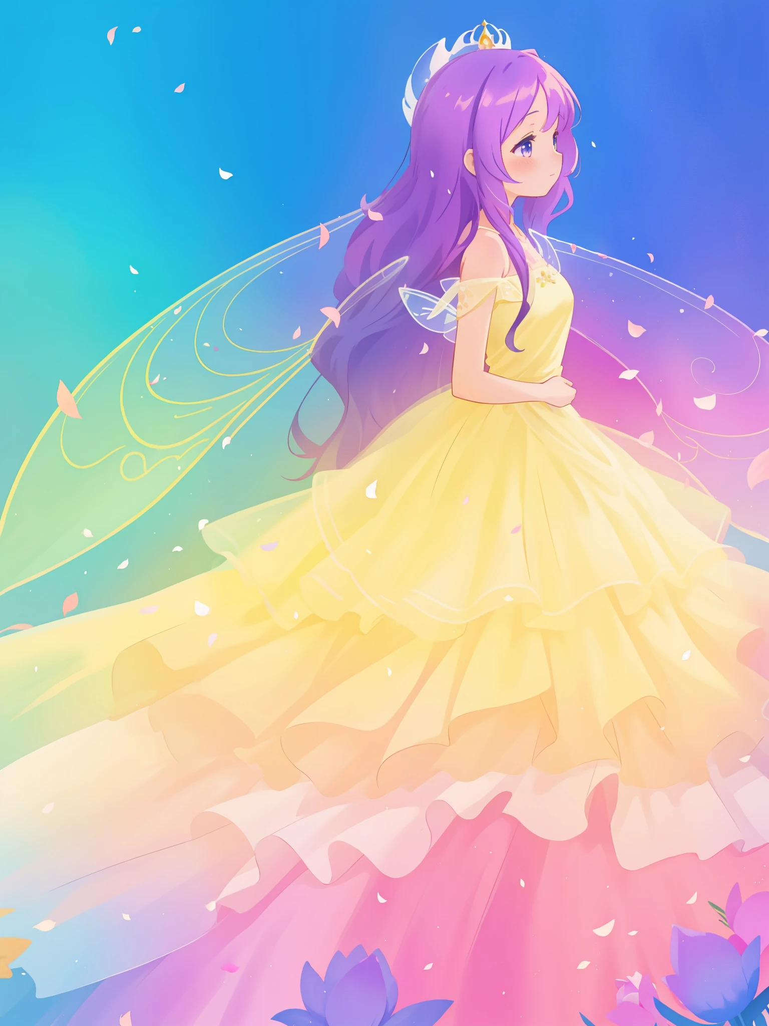beautiful girl in tiered gradient ballgown dress, gradient colorful dress, ((layered flower petal skirt)), fairy dress, fairy queen, magical fantasia background, (glowing fairy wings), glowing flowing ballgown, long wavy hair, sparkling fairy wings, watercolor illustration, inspired by Glen Keane, inspired by Lois van Baarle, disney art style, jen bartel, beautiful digital illustration, beautiful, masterpiece, best quality, anime disney style