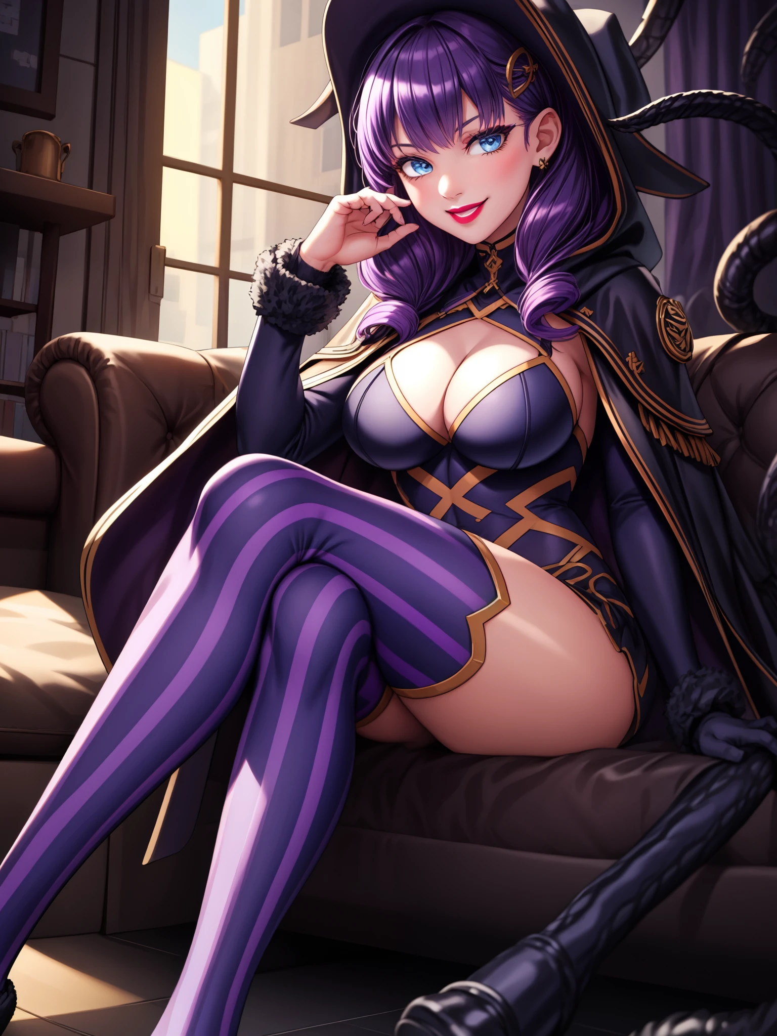 perfect eyes:1.2, detailed eyes:1.4, realistic:1.4, hair, bags under eyes, smirk, purple hair, hair over shoulder, robe, cape, fringe, tentacles, argyle, checkered, clothing cutout, stripedthighhighs, black and blue vertical striped thighhighs, makeup, lipstick, hood up, cleavage, sitting, 1girl, solo, (masterpiece:1.6, best quality),
