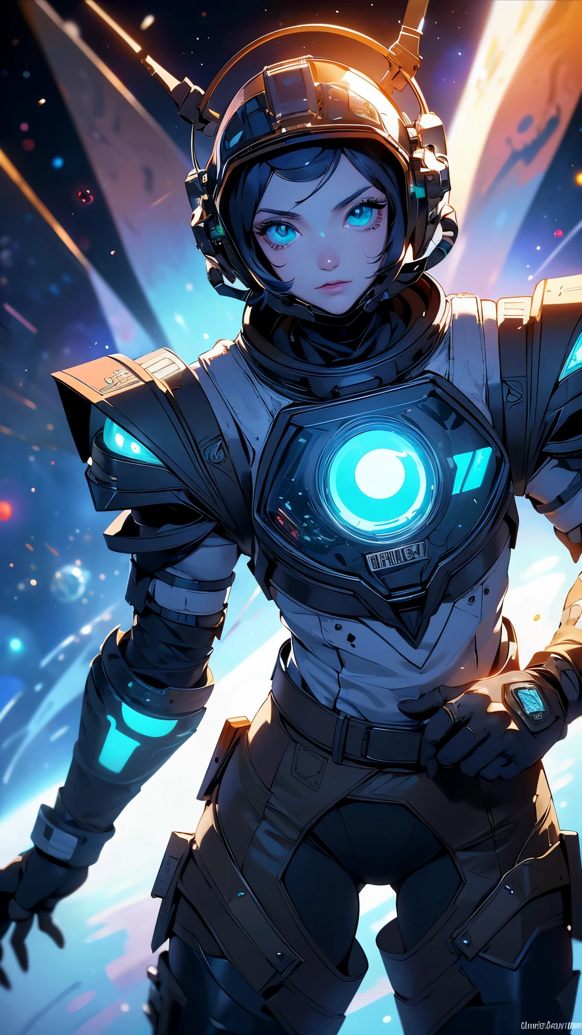 1 chica,solo,Sala,original,(casco integral:1.4) ,face visible through helmet ,ojos verdes,Traje de cuerpo blanco,armadura pesada naranja,tiro de vaquero,(on the space station:1.4 ) ,Science fiction,ultra detallado,sharp focus,aesthetic,(Mejor calidad), (ojos hermosos azules :1.4) 