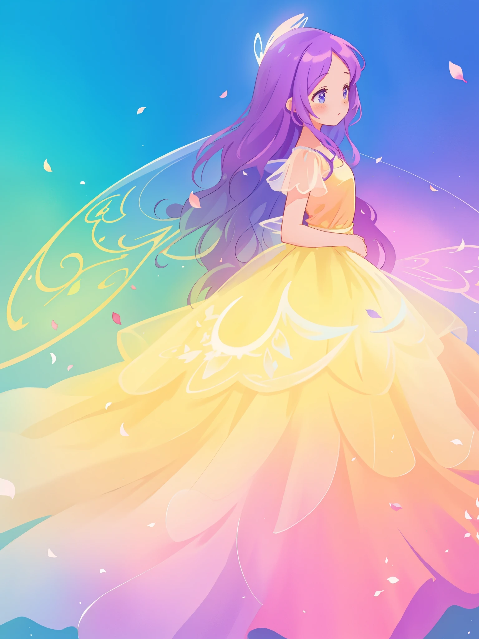 beautiful girl in tiered gradient ballgown dress, gradient colorful dress, ((layered flower petal skirt)), fairy dress, fairy queen, magical fantasia background, (glowing fairy wings), glowing flowing ballgown, long wavy hair, sparkling fairy wings, watercolor illustration, inspired by Glen Keane, inspired by Lois van Baarle, disney art style, jen bartel, beautiful digital illustration, beautiful, masterpiece, best quality, anime disney style