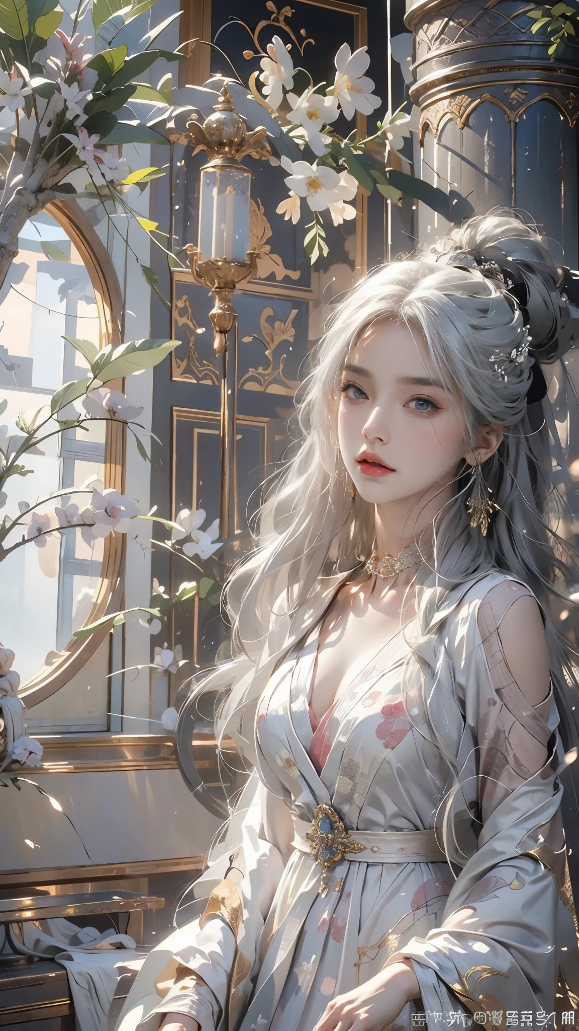 Photorealistic, very high res, 1womanl, 独奏,clubs，palaces，oriental architecture ray tracing，{best qualtiy}，{ {tmasterpiece}}，Extremely detailed 8k wallpaper，{An extremely delicate and beautiful}，intricately details，photorealestic，Realiy，Camera quality，（Carefully portray clothes），Cold white skin，（Carefully portray blush）,1080p，Hips up,  (Detailed face), A cold face，White hair, Medium breasts, long whitr hair, Sword repair，White robe,Oversized clothes, jewelry，Smooth light silver hair，Messy beauty，lamplight，The skin is shiny and silky，tmasterpiece，The best quality，The illustrations are super detailed，beautidful eyes，Very detailed 8k CG wallpaper，Peach blossom eyes，An extremely delicate and beautiful girl，8k wallpaper，best qualtiy，close-up all over the body