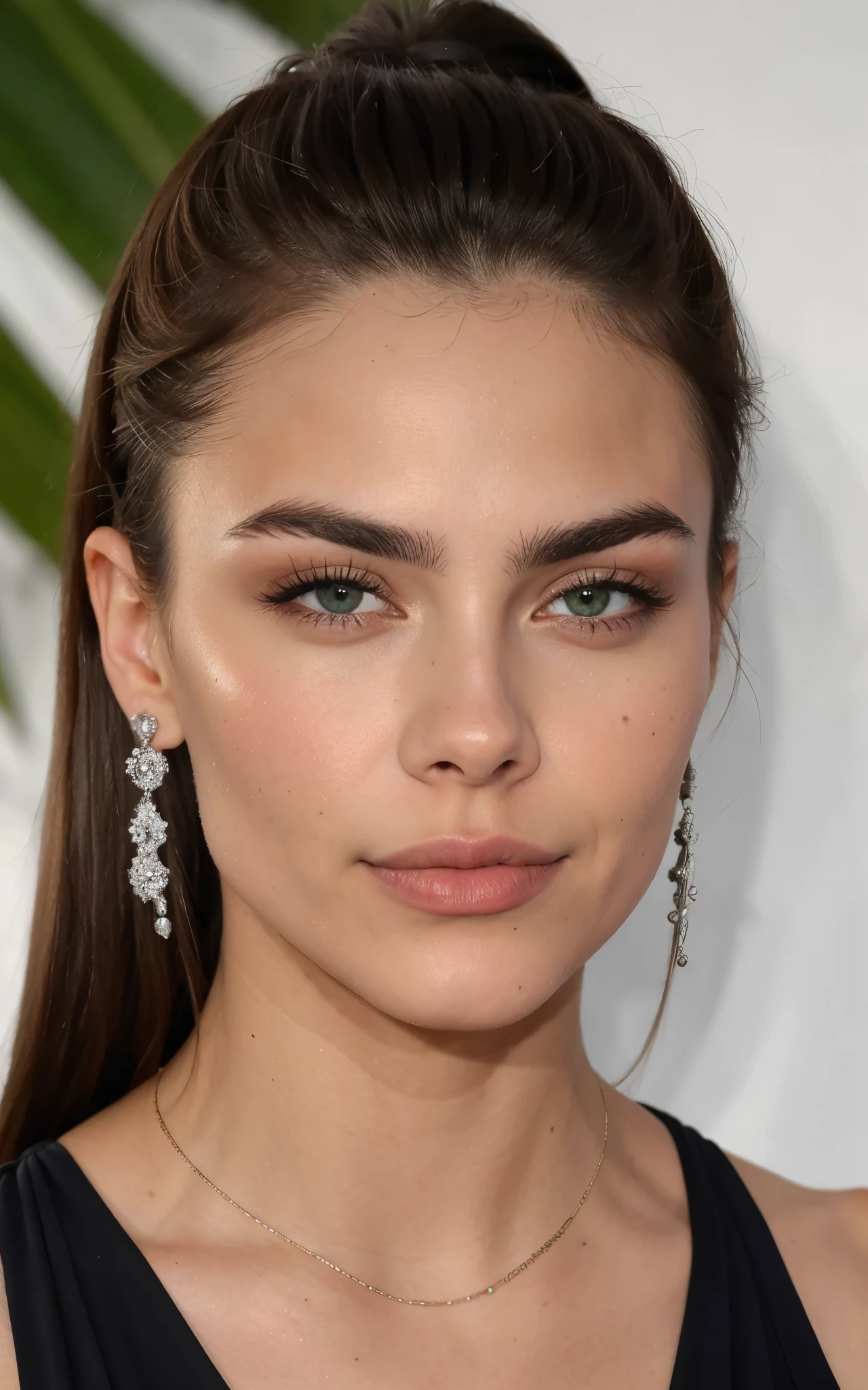 , 20 years old, athletic, Hermoso, PELO NEGRO, grandes ojos verdes, maquillaje sutil, mirada seductora, pale skin, rostro natural realista, Carita linda, Los detalles de la imagen deben ser de alta calidad.(Mejor calidad)), ((obra maestra)), (detallado), cara perfecta, HD, 8K, Ultrarealista, Fotorrealista, as realistic as possible, ultra-detallado, realistic soft lighting, looking directly at the camera (looking to the camera), fotoretrato, no se ven las manos, Neutral facial expression, Orejas realistas, sin posar, sin joyas, solo cara, detallado skin, sin pecas, sin granos