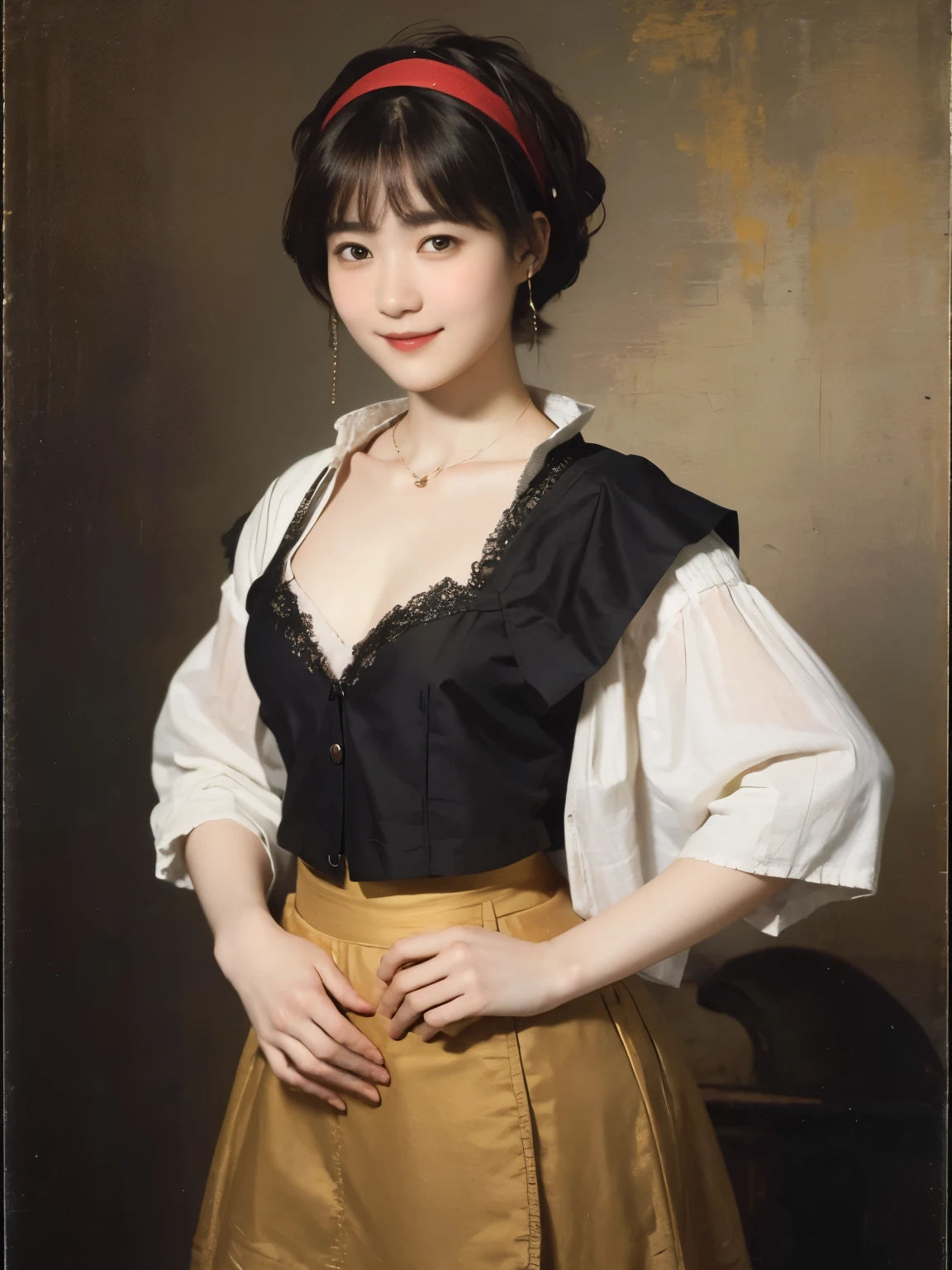 186 Short hair, 20 year old female, gentle smile, (rembrandt style painting), (chest:1.46), (wearing a skirt)