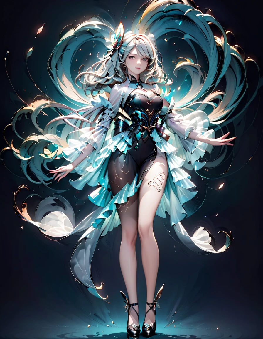 musical notes in the air. sound waves. woman exuding elegance,  3/4 length portrait, inspired by Electric Expressionism with swirls, embodied within electric artistry, music notes.  symphony, ultra fine