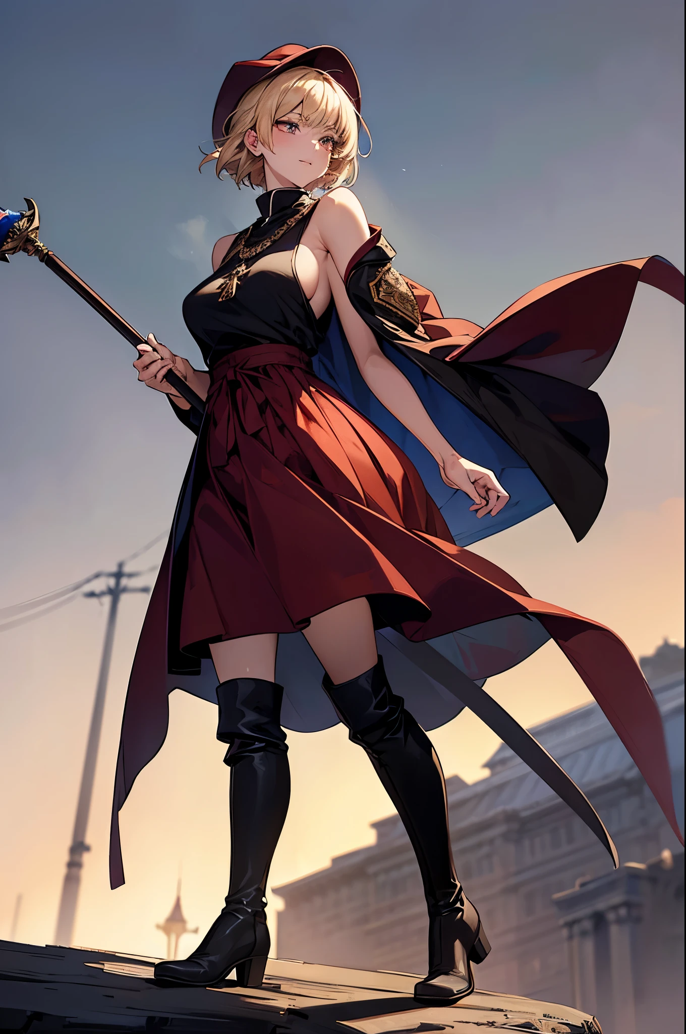 masterpiece, ultra detailed, 8k portrait, RAW photo, portrait photography, highly detailed face, beautiful and meticulous eyes, ((Fantasy)), Young beautiful, dynamic pose, kind face, smile, (((Blonde very short hair, bangs))), ((Priest)), wood necklace, clergy hat, (((long cloak))) fluttering in the wind, (((dark dull red oversized Priest tunic))), (((long skirt)), (((low boots))), ((holding long wood staff)), big shoulder bag, Midday Sun, hyper realistic, Body model, Big breasts, Beautiful breasts, Long legs, in the crowd, Ambient lighting, Shadow details , Camera focus on face, strong breeze, Light fog