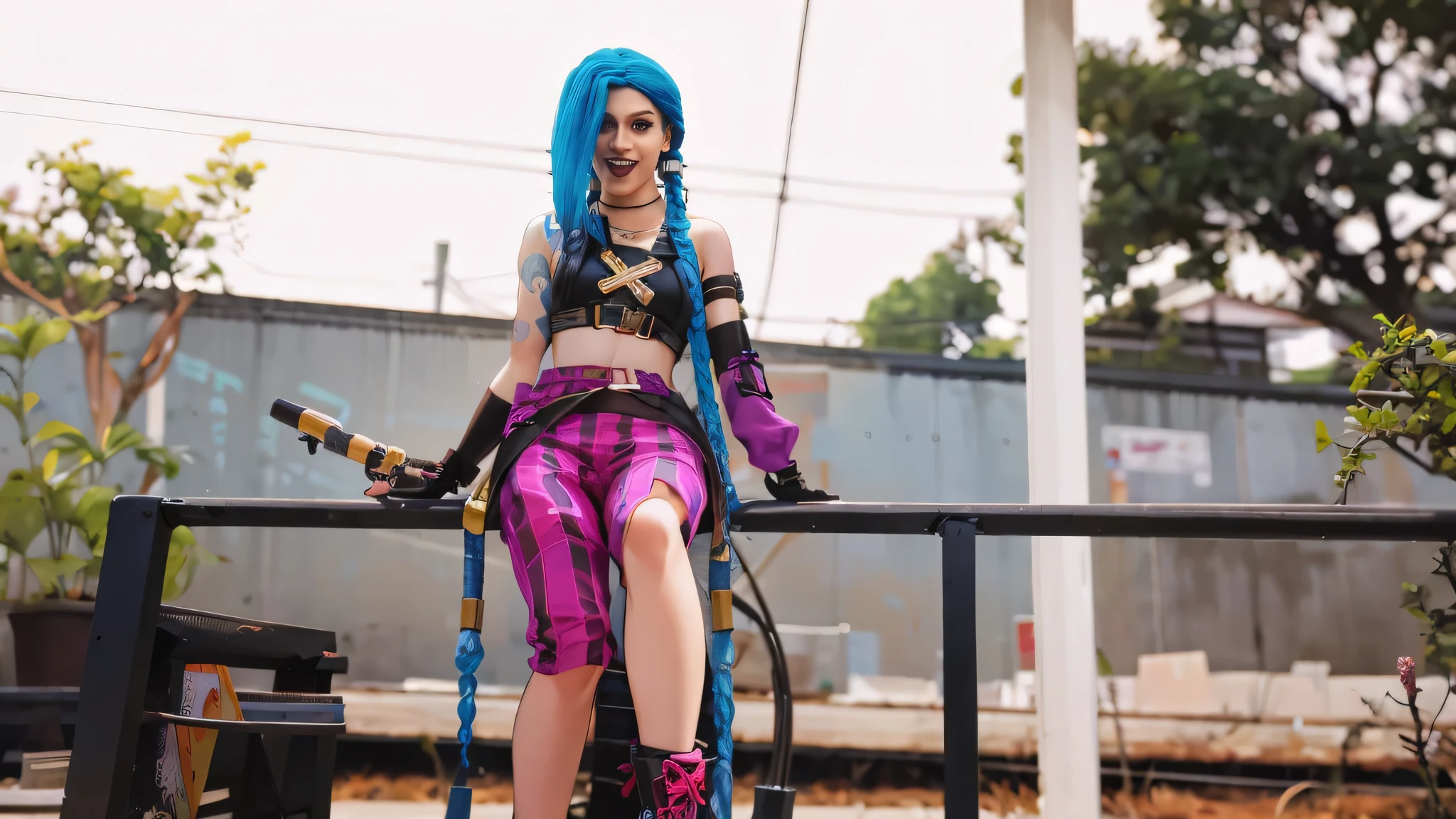 Jinx,se divertindo，Roupas de estudante，Supersaia，Cobertura de colheita，estilo fofo，altamente renderizado，rosto detalhado com，coxas carnudas