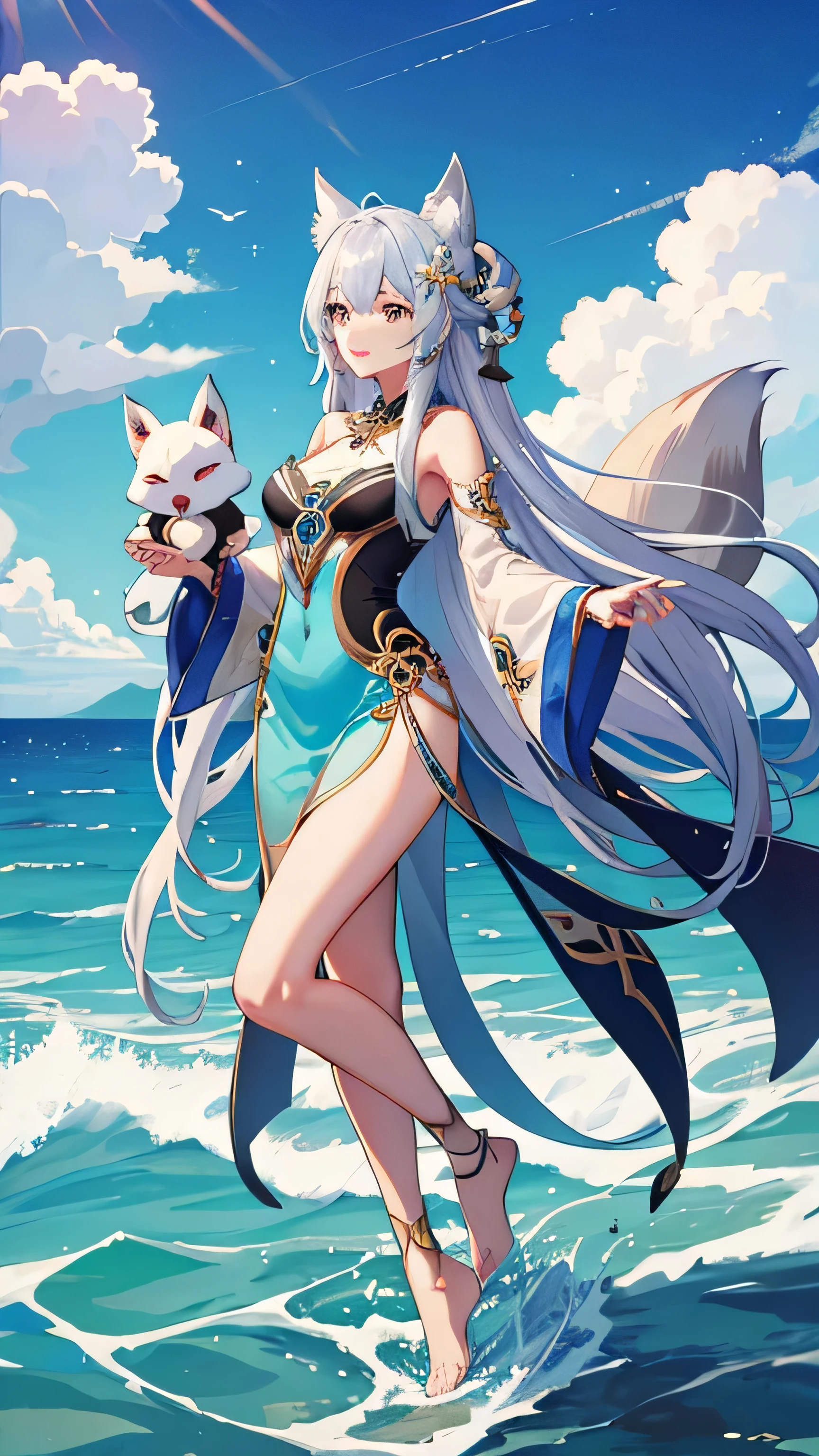 high resolution, 8K, woman, elegant dress, long hair, ocean, holding fox mask, sumeru, hydro, genshin impact, full body, detail 