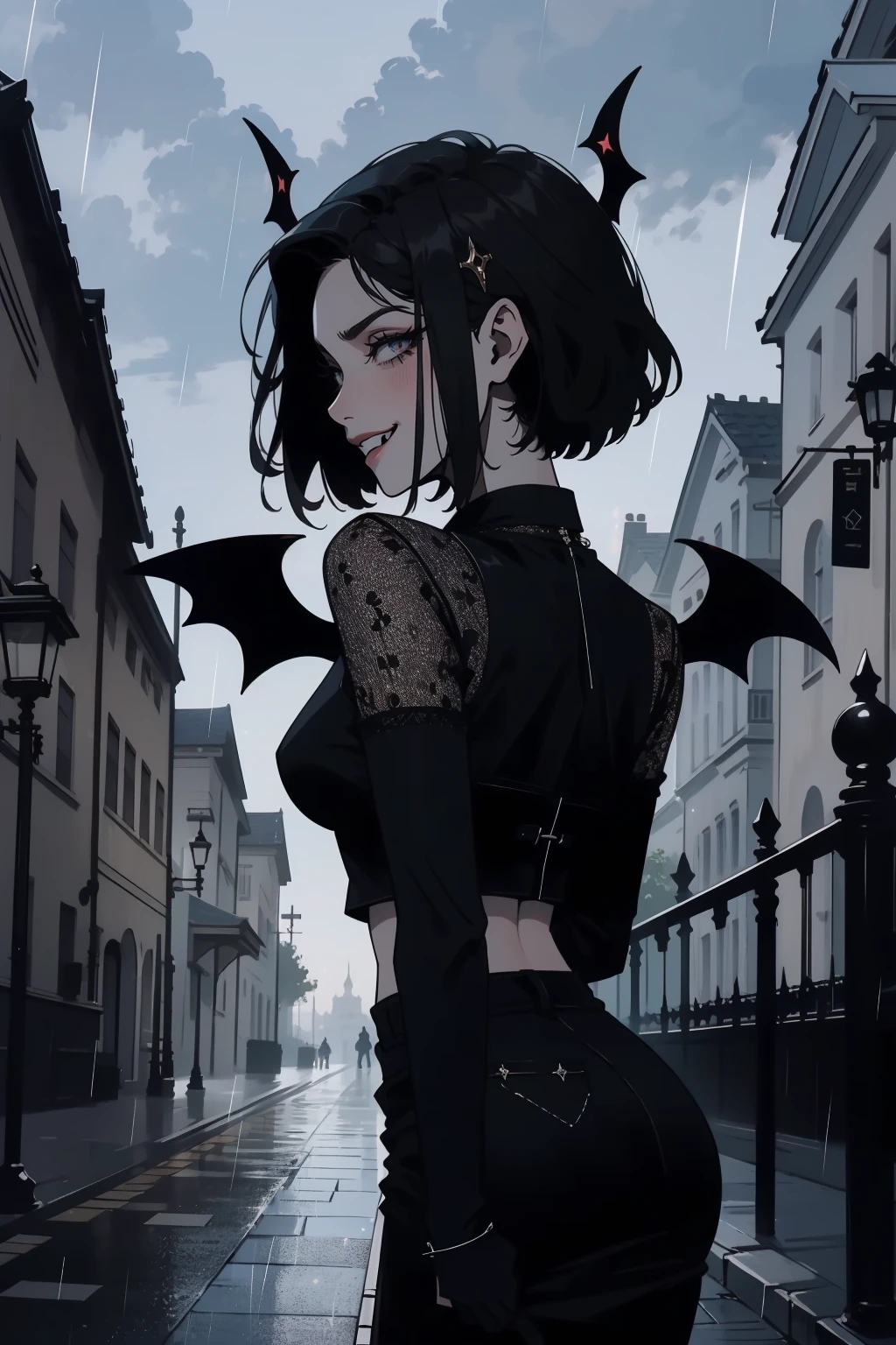 (outside, scary castle, raining, evening, soft light, dim lit, moody vibe, horror \(theme\), ), (insanely detailed, beautiful detailed face, masterpiece, best quality), 1girl, succubus, demon girl, mature female, black hair, pink eyes, grin, smirk, demon horns, black tail, black demon wings, whole body, walking on the ground, backwards, looking back