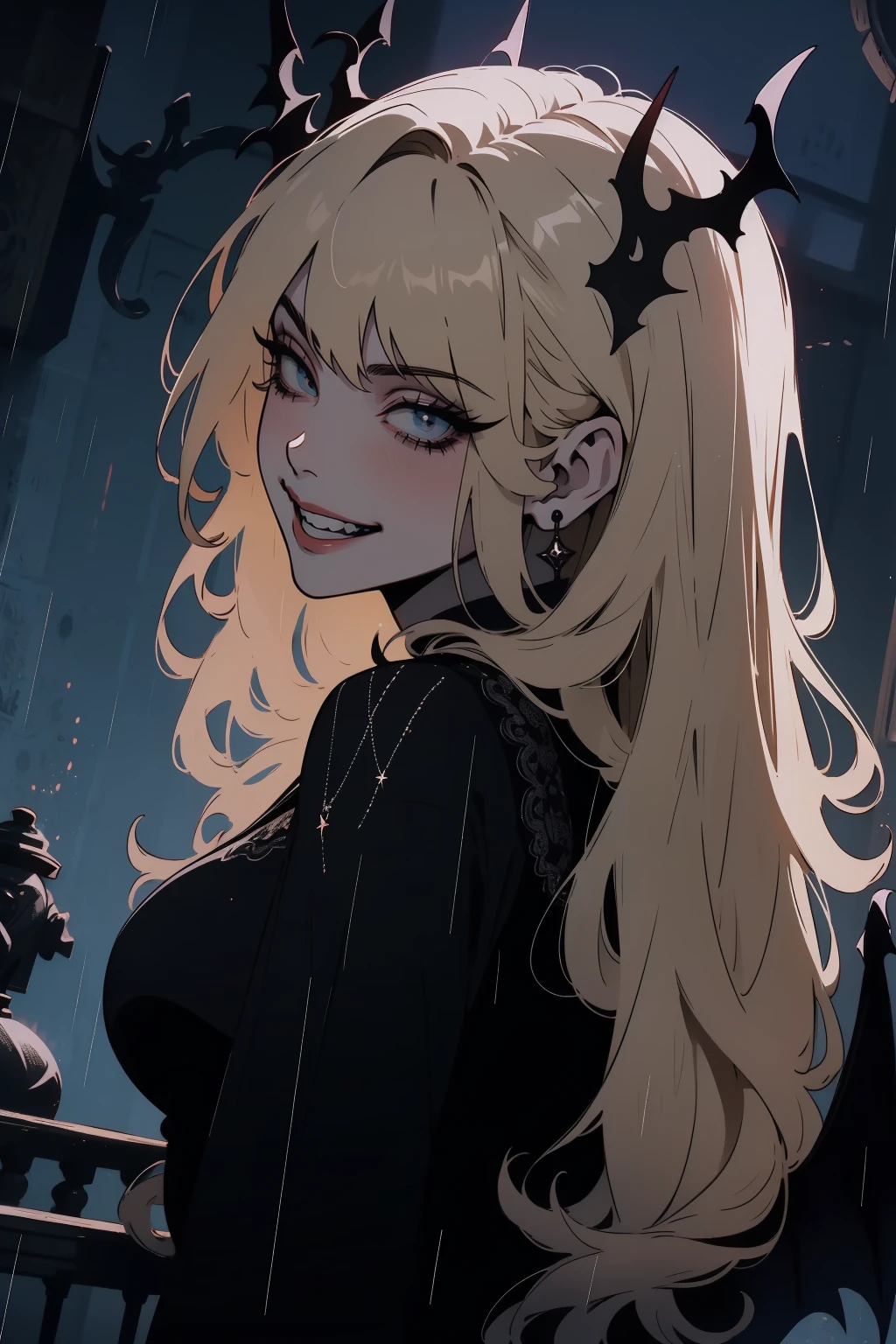 (outside, scary castle, raining, evening, soft light, dim lit, moody vibe, horror \(theme\), ), (insanely detailed, beautiful detailed face, masterpiece, best quality), 1girl, succubus, demon girl, mature female, black hair, pink eyes, grin, smirk, demon horns, black tail, black demon wings, whole body, walking on the ground, backwards, looking back