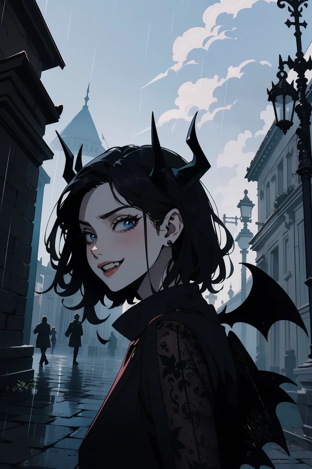(outside, scary castle, raining, evening, soft light, dim lit, moody vibe, horror \(theme\), ), (insanely detailed, beautiful detailed face, masterpiece, best quality), 1girl, succubus, demon girl, mature female, black hair, pink eyes, grin, smirk, demon horns, black tail, black demon wings, whole body, walking on the ground, backwards, looking back