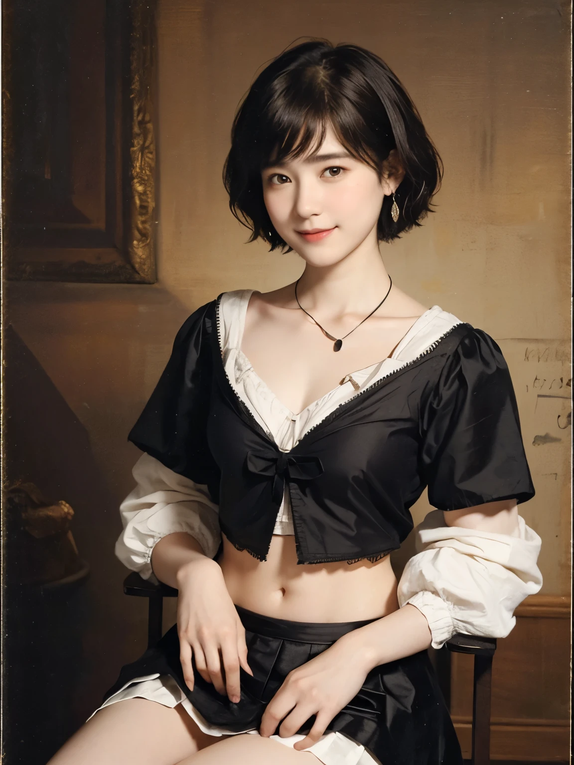 186 Short hair, 20 year old female, gentle smile, (rembrandt style painting), (chest:1.46), (wearing a skirt)